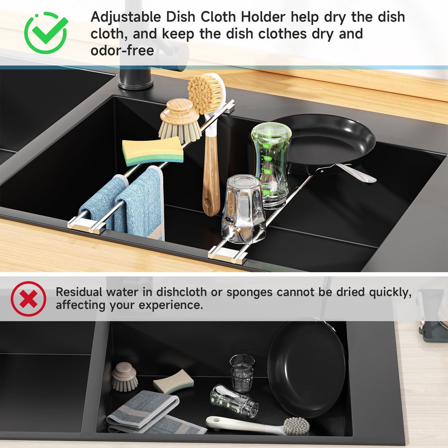 XILIMEN Dish Cloth Holder for Kitchen Sink, Adjustable Over-The-Sink Dish Rag Rack, Metal Kitchen Racks Sink Brush Holder, Drying Rack for Dishcloths, Sponges, Brushes, and Bottles (1, Sliver)