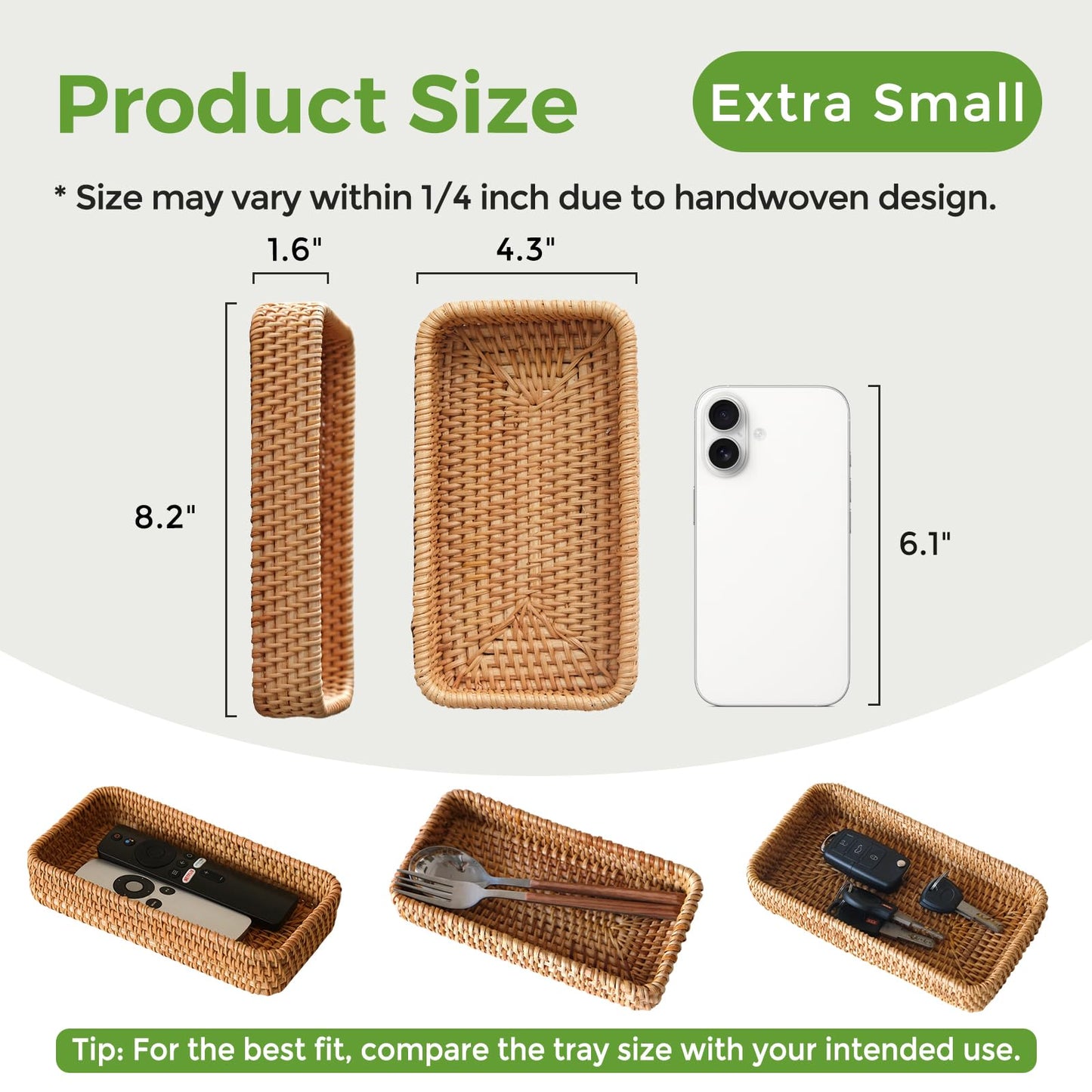 Small Rattan Serving Tray, Natural Wicker Decorative Tray Handwoven for Keys Trinkets Rings Cosmetics, Decorative Jewelry Perfume Tray for Coffee Table Entryway Living Room(8.2" × 4.3")