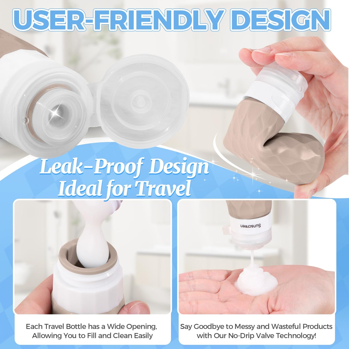 16Pack Travel Bottles for Toiletries, TSA Approved Travel Size Toiletries Containers Set, Silicone Leak Proof Refillable Bottles Elastic Sleeves Creams Jars Accessories Kit W/Clear Bag (Cream)