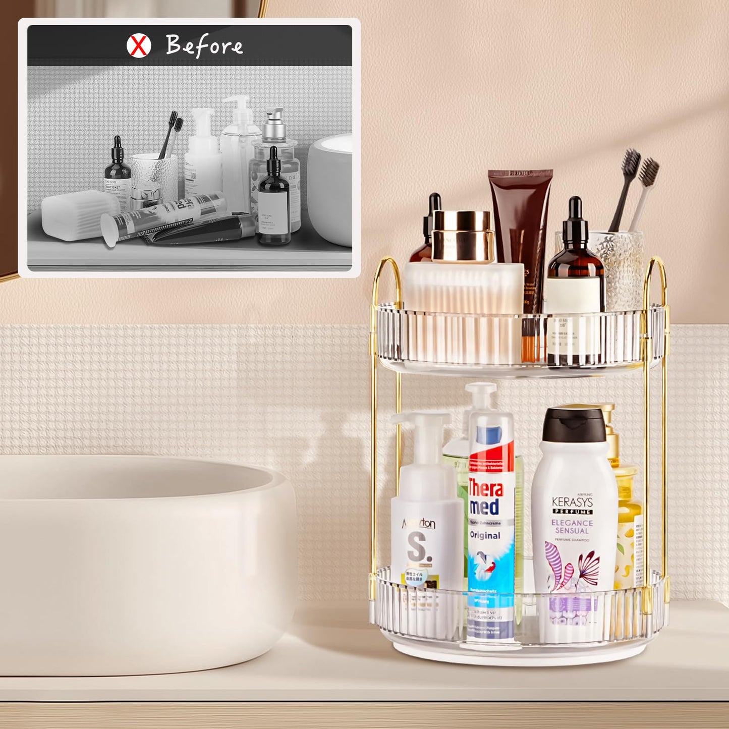 Niluks 360 Rotating Makeup Organizer - Large Capacity Spinning Perfume & Cosmetic Skincare Holder for Countertop (Pearl White, 2 Tier)