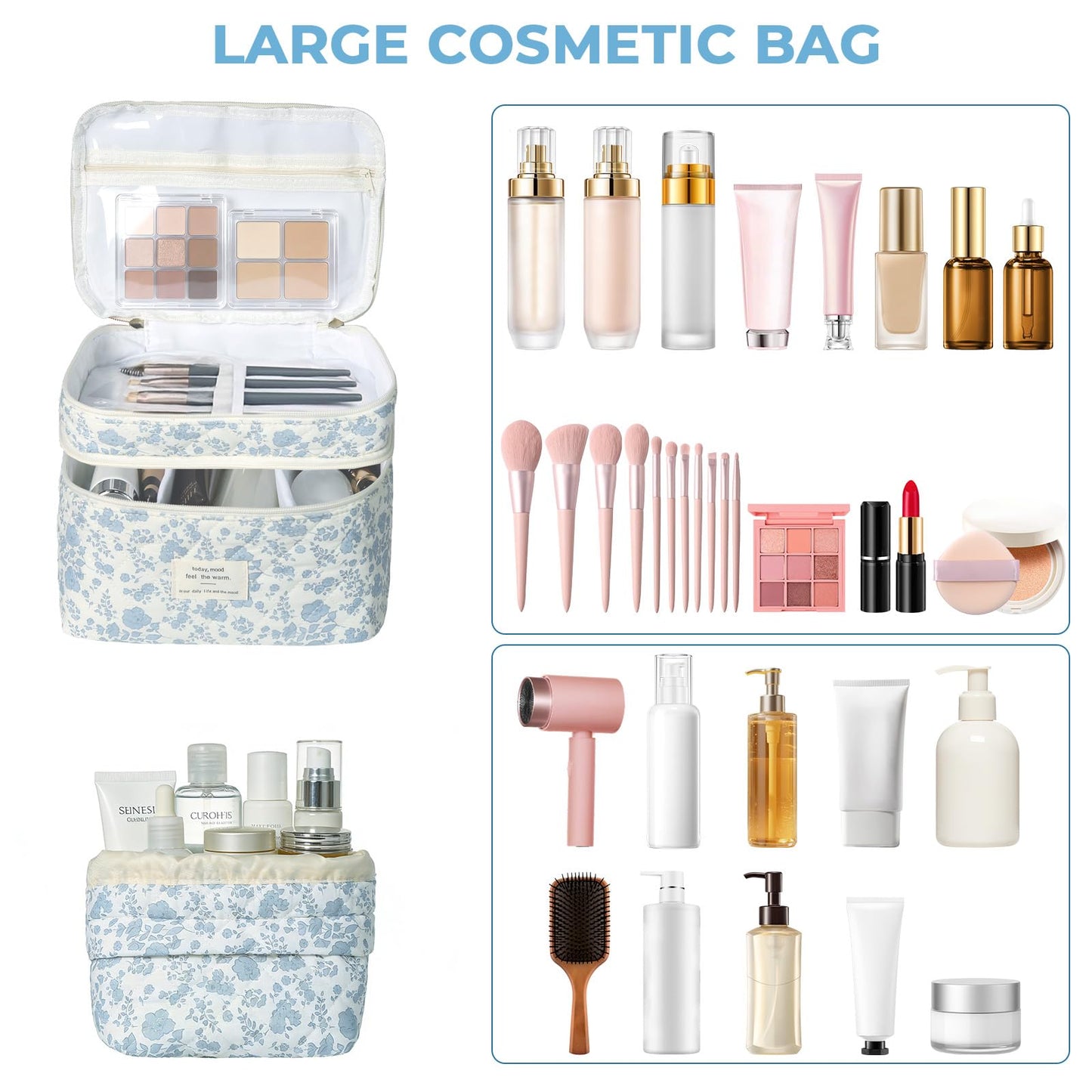 Gosect Makeup Bag, 2pc Quilted Cosmetic Bag Set, Drawstring Makeup Bag with Canvas Lining + Large Floral Toiletry Bag for Women Girls, Cute Cotton Flower Travel Organizer Bag (Blue Flowers