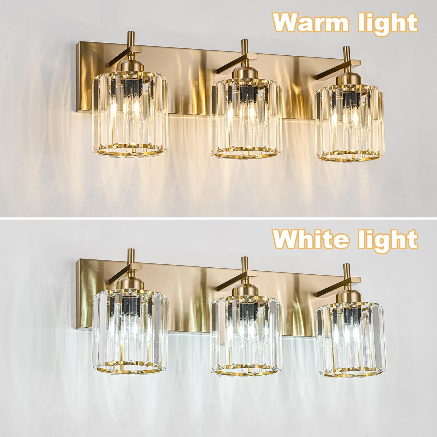 HUOKU Modern Crystal Bathroom Vanity Lights, Gold 3-Lights Bathroom Light Fixtures Over Mirror, Crystal Wall Lighting with Polished Brass Finish