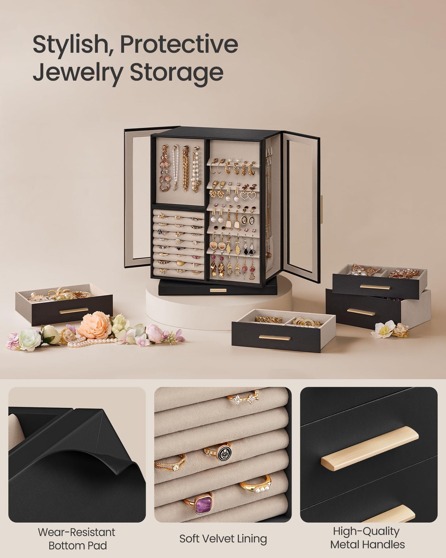 SONGMICS GISELLA Collection - Jewelry Box 360° Rotating, Jewelry Storage Case with 7 Drawers, Jewelry Organizer, Glass Window, Open Design, Great Gift, Ink Black UJBC201B01