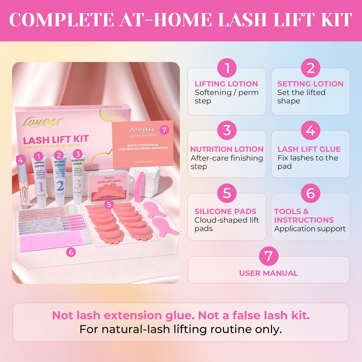 Lomansa Open-Eye Lash Lift Kit for Beginners, Korean At-Home Eyelash Perm Kit with Self-Lifting Silicone Pads, Lash Lift Glue & Lotions, DIY Natural Lash Curl Kit, Lasts 4–6 Weeks