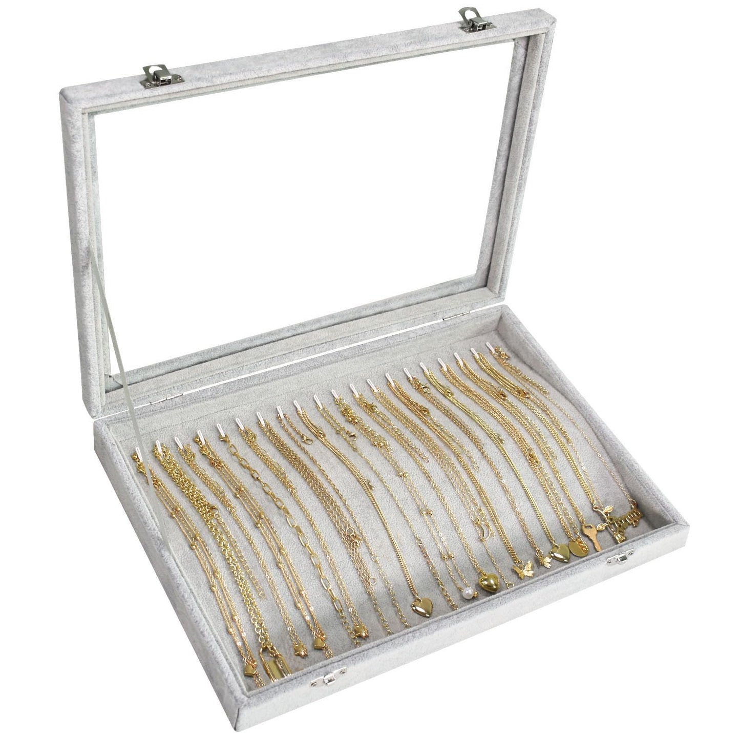 Bivisen Necklace Organizer Box with Clear Lid Velvet Tray for Jewelry Storage Display Case, 20 Hooks Glass Top Drawer Insert Necklaces Pendants Dustproof Necklace Jewelry Box Organizer & Tray (Grey)