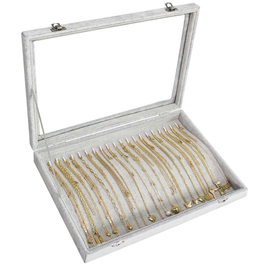 Bivisen Necklace Organizer Box with Clear Lid Velvet Tray for Jewelry Storage Display Case, 20 Hooks Glass Top Drawer Insert Necklaces Pendants Dustproof Necklace Jewelry Box Organizer & Tray (Grey)