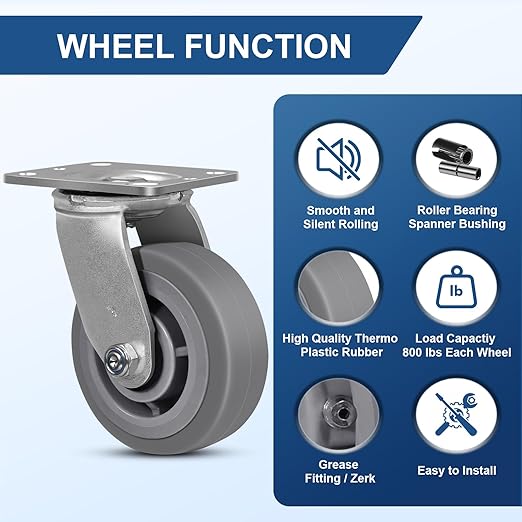 5 Inch Rubber Wheels (Flat Tread)- Heavy Duty Casters, Industrial Caster Wheels- with up to 800 LB Capacity- Use for Dollies, Utility and Maintenance Carts(1 Swivel)