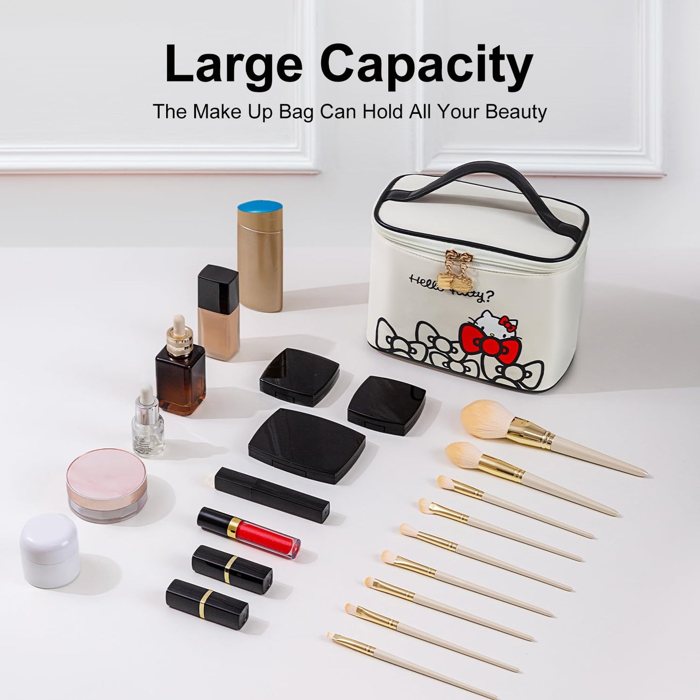 AmBealla Makeup Bag Large Waterproof Cosmetic Bags with Divider and Brush Holder,Cute Printed Makeup Organizer for Women Traveling,Portable Toiletry Bag for Girls