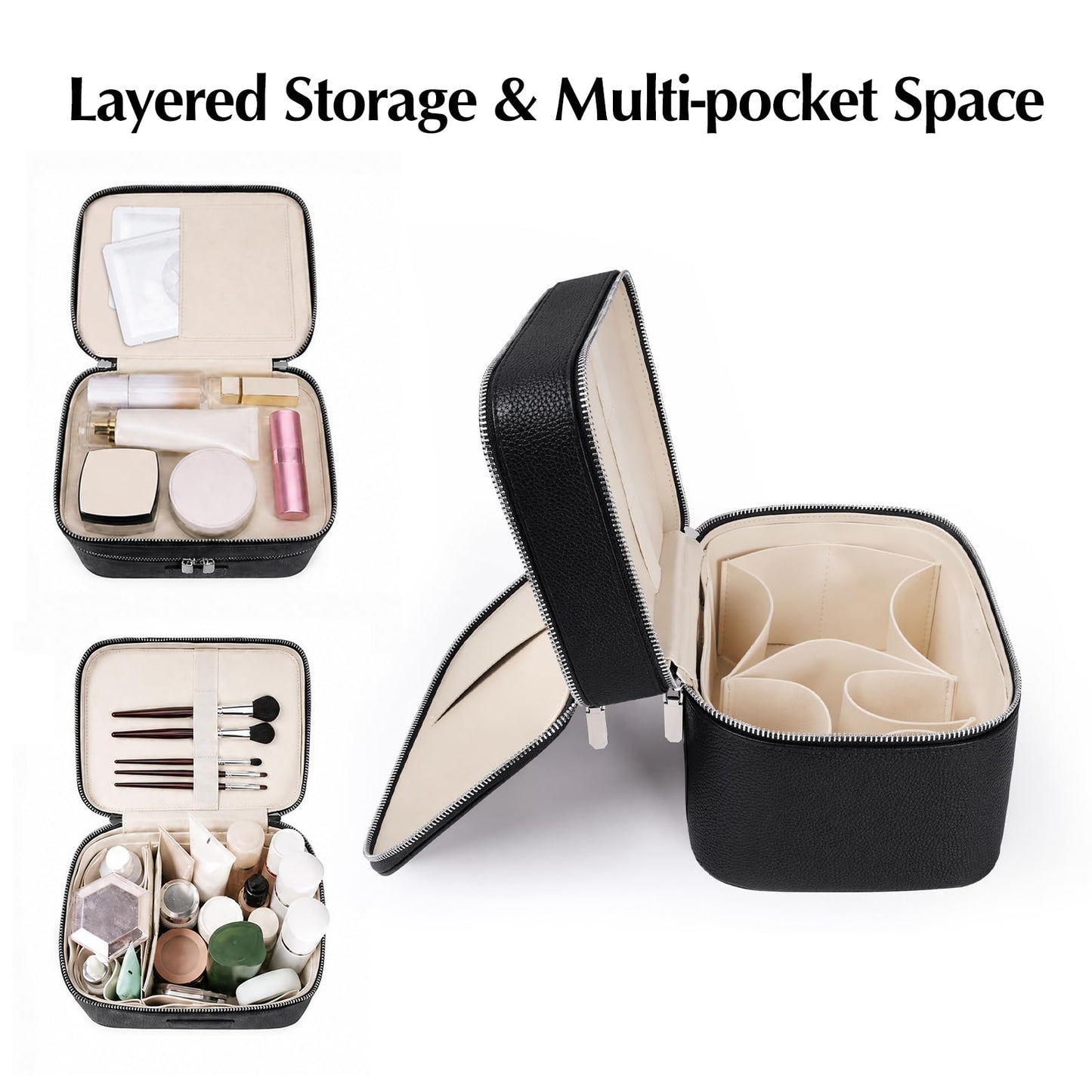 idoltimes Makeup Case,Leather Double Layer Makeup Bag Duo,Large Portable Travel Toiletry Case Cosmetic Organizer for Women
