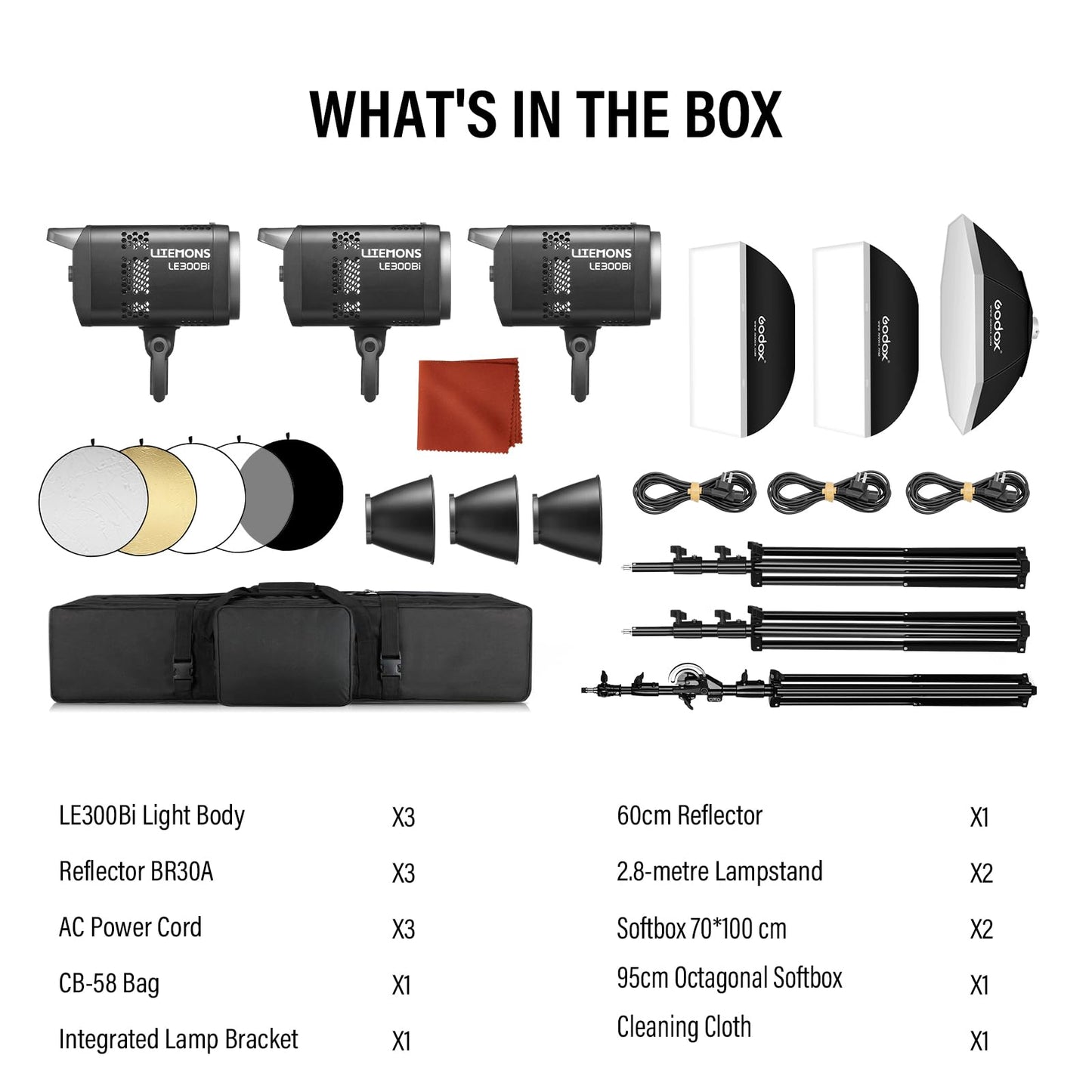 GODOX 3Pack LE300Bi Light Kit, Godox Litemons LE300Bi Video Light with Softbox Light Stand, Bowens Mount, DMX/Bluetooth APP Control, NFC Connection, 2800K~6500K, 58900Lux@1m, CRI/TLCI98, 11 Fx Effects