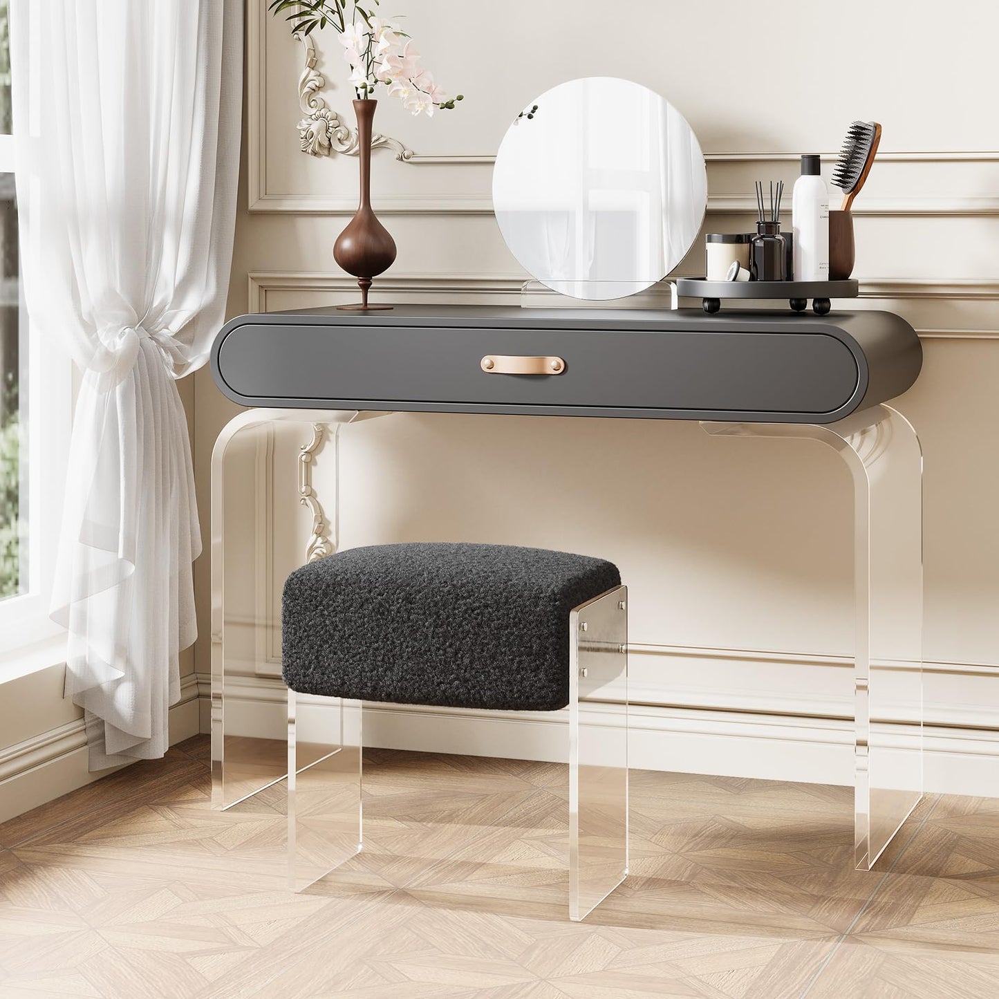 Vanity Stool Chair and Foot Rest -Modern Vanity Stool and Footstool with Wool and Acrylic Leg for Makeup Room, Living Room , Bedroom, Boucle Ottomans for Birthday, Christmas, Halloween, Easter Gifts