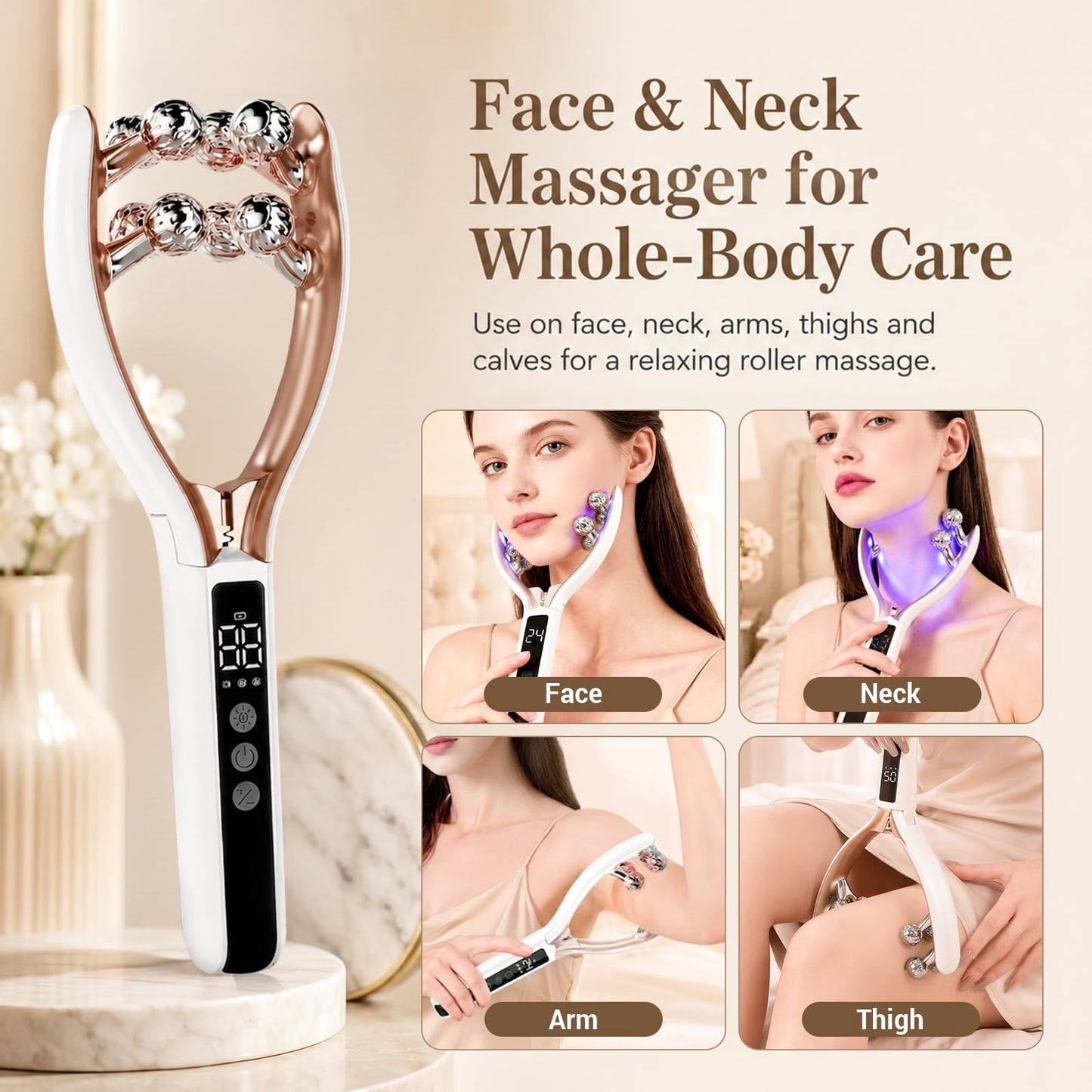 SZMDLX Wireless Face Massager Tool, 8-Roller 3D Face Roller for Women, LED Facial Massager,V-Shape Face Sculpting Tool for Jawline, 6 Light & Vibration Modes, USB-C Rechargeable