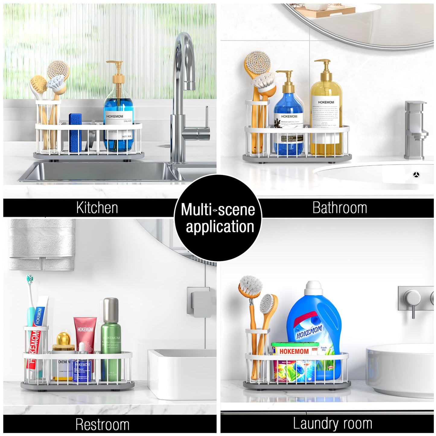 HOKEMOM Sponge Holder for Kitchen Sink with High Brush Holder, [Stay-Dry Anywhere & No Drainage Needed] Rustproof Stainless Steel Kitchen Sink Caddy Organizer with Water Absorbing Stone Tray, White