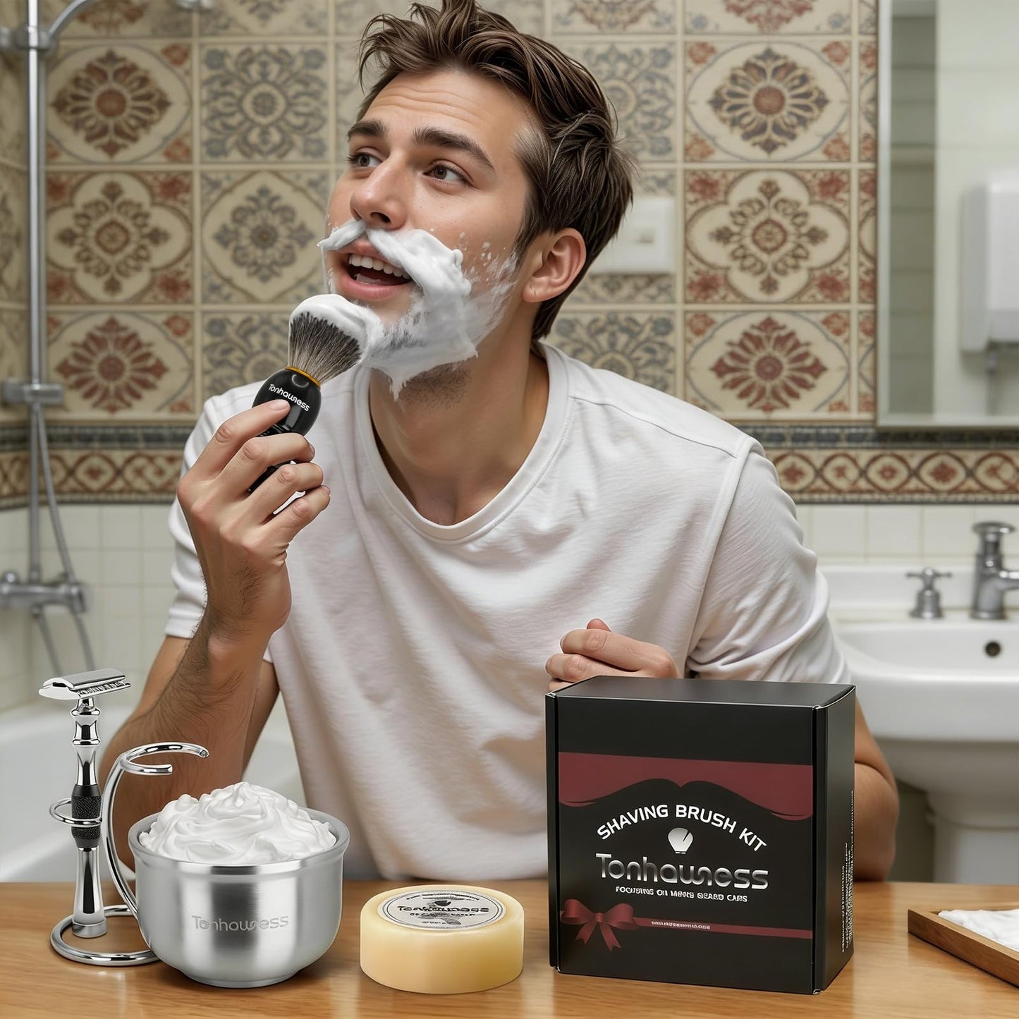 Shaving Brushes Set For Men, 5 In 1 Shaving Brush Kit Includes Badger Hair Shave Brush, Safety Men's Razor, Stainless Steel Shaving Bowl, Shaving Stand and Soap (Black Handle With Razor)