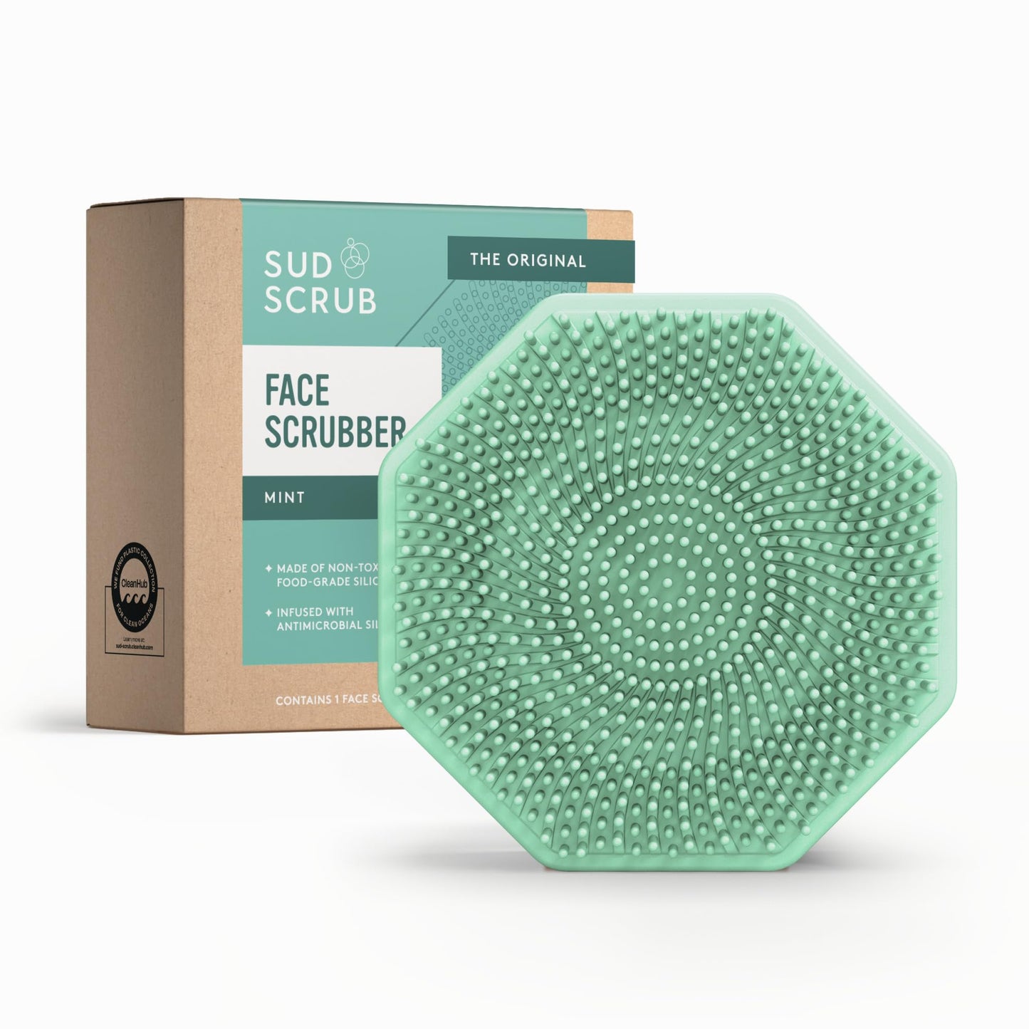 Sud Scrub® Antimicrobial Silicone Face Scrubber, 1 Pack, Gentle Face Exfoliator for Sensitive Skin, Eco Friendly Facial Cleansing Brush, Exfoliating Face Brush for Men and Women (Mint)