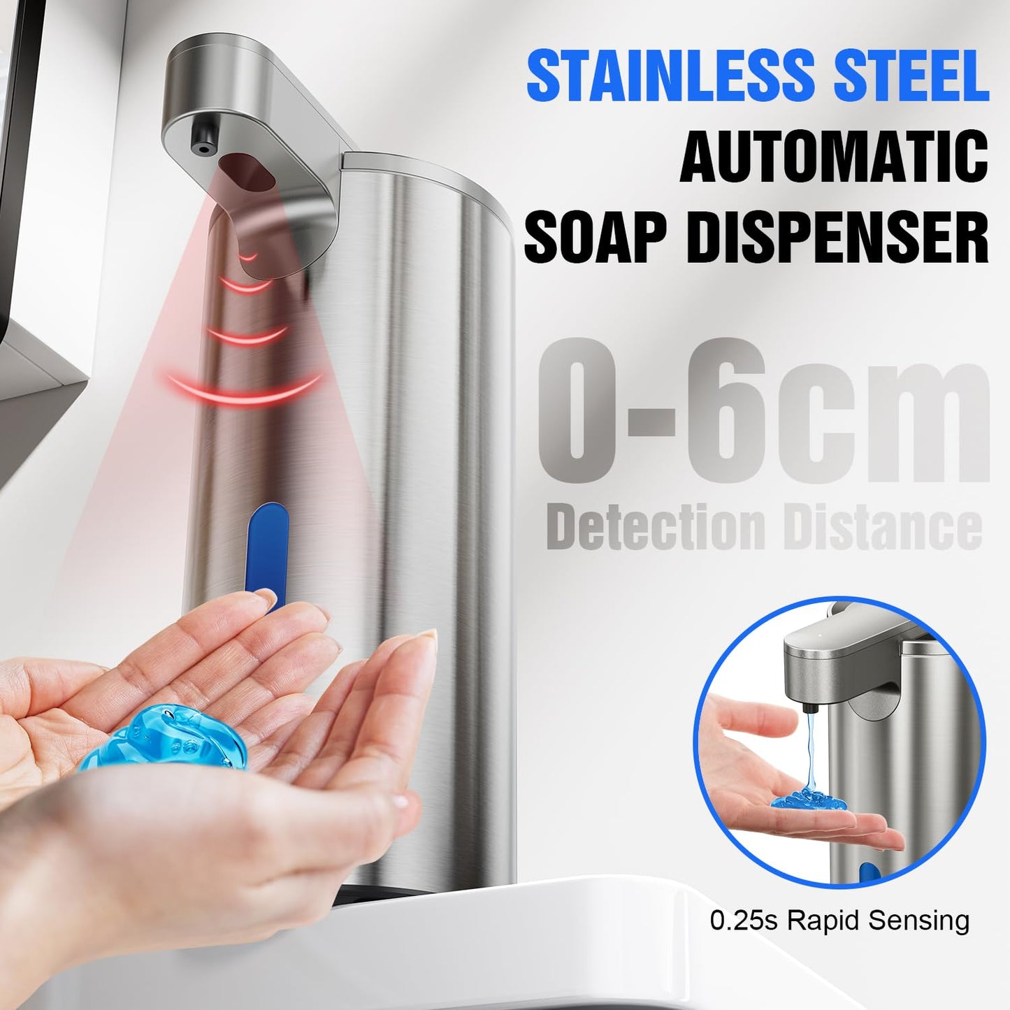 Fantictas Automatic Soap Dispenser Touchless, Stainless Steel 11.5 oz Liquid Hand Soap Dispenser, USB-C Rechargeable Sensor Pump with 3 Adjustable Levels for Kitchen & Bathroom
