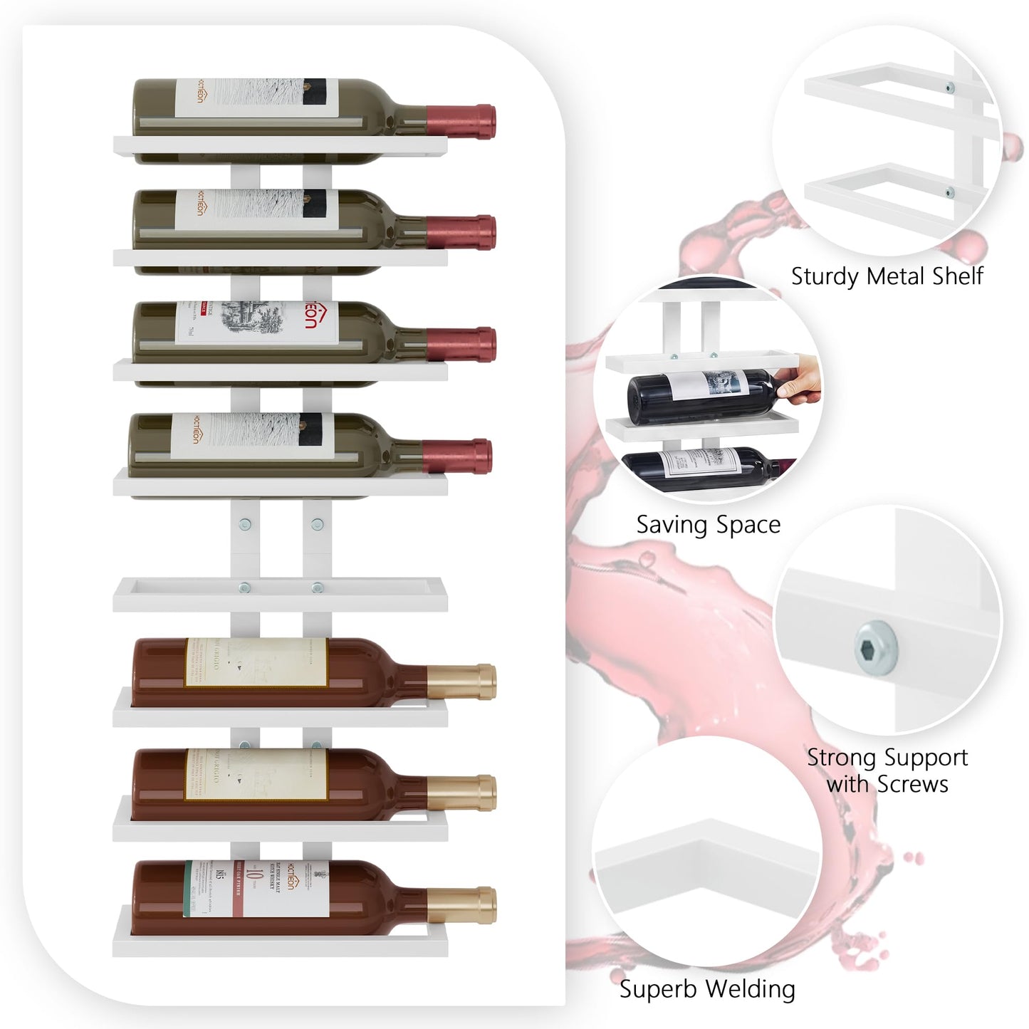 Hoctieon 3-Set 8 Tier Wall Mount Wine Rack (24 Tiers), Wall Racks for Wine Bottles Display and Storage, Hanging Bottle Organizer for Living Room, Dining Room, Wine Cellar, Bar, White