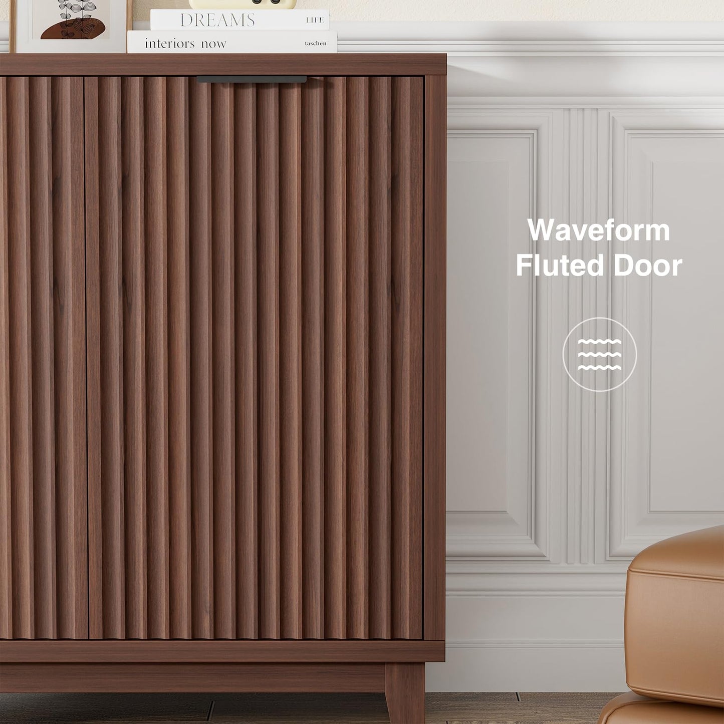 Fluted Cabinet with Storage, 2 Doors Sideboard Buffet, Mid Century Modern Accent Cabinet with Adjustable Shelves, Multifunctional Console Table with Storage for Living Room, Kitchen, Entryway