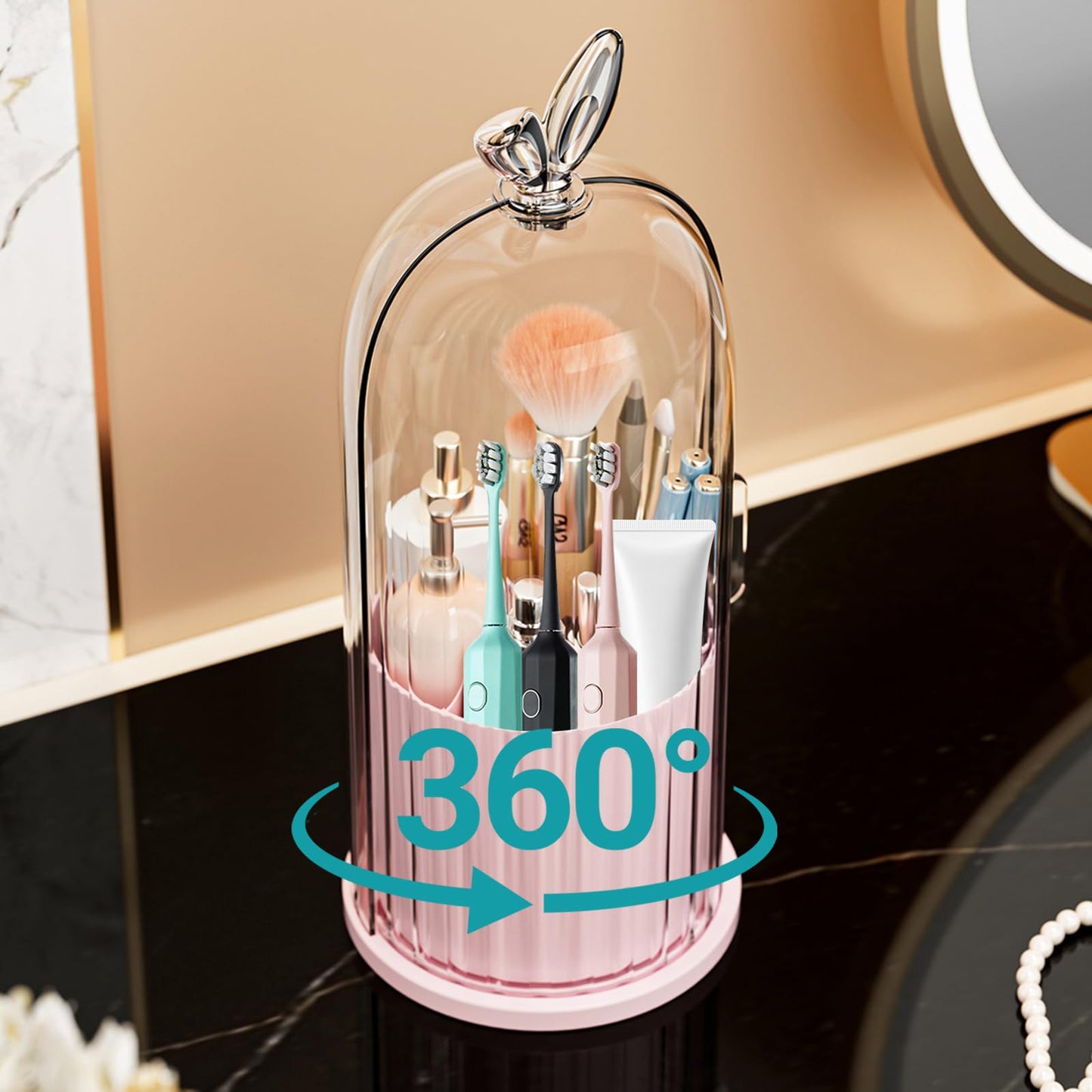 Wekity Toothbrush Holder with Sliding Lid, Toothbrush Holders for Bathrooms,360° Rotating Makeup Brush Storage Rack - Waterproof and Dustproof, Toothbrush Toothpaste Holder Beauty Brush (Pink)