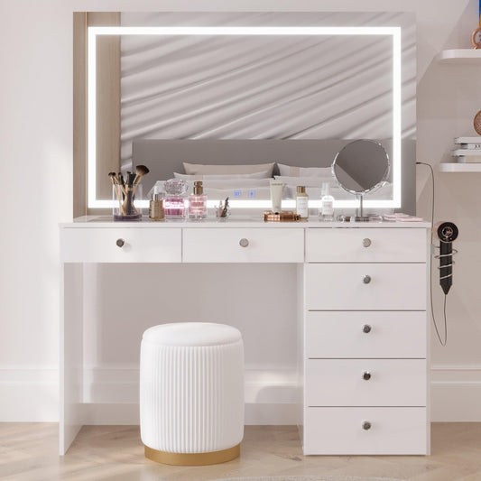Boahaus Luna Vanity Desk with LED Lighted Mirror – 7 Drawer Integrated Makeup Station