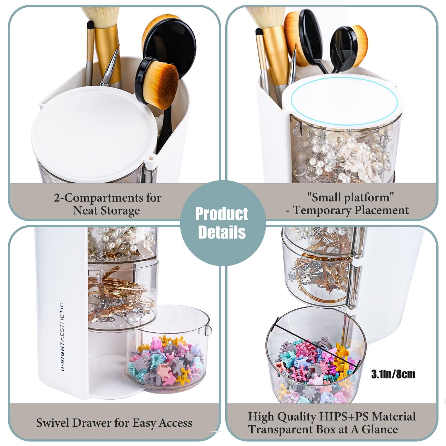 WCHOSOZH 3-Tier Clear Hair Accessories Organizer with Hair Brushes Holder, Rotatable Drawer Makeup Sponge Holder Desktop Organizer Case for Makeup Brush Lipsticks Q-tip Cotton Swab Stationery (White)