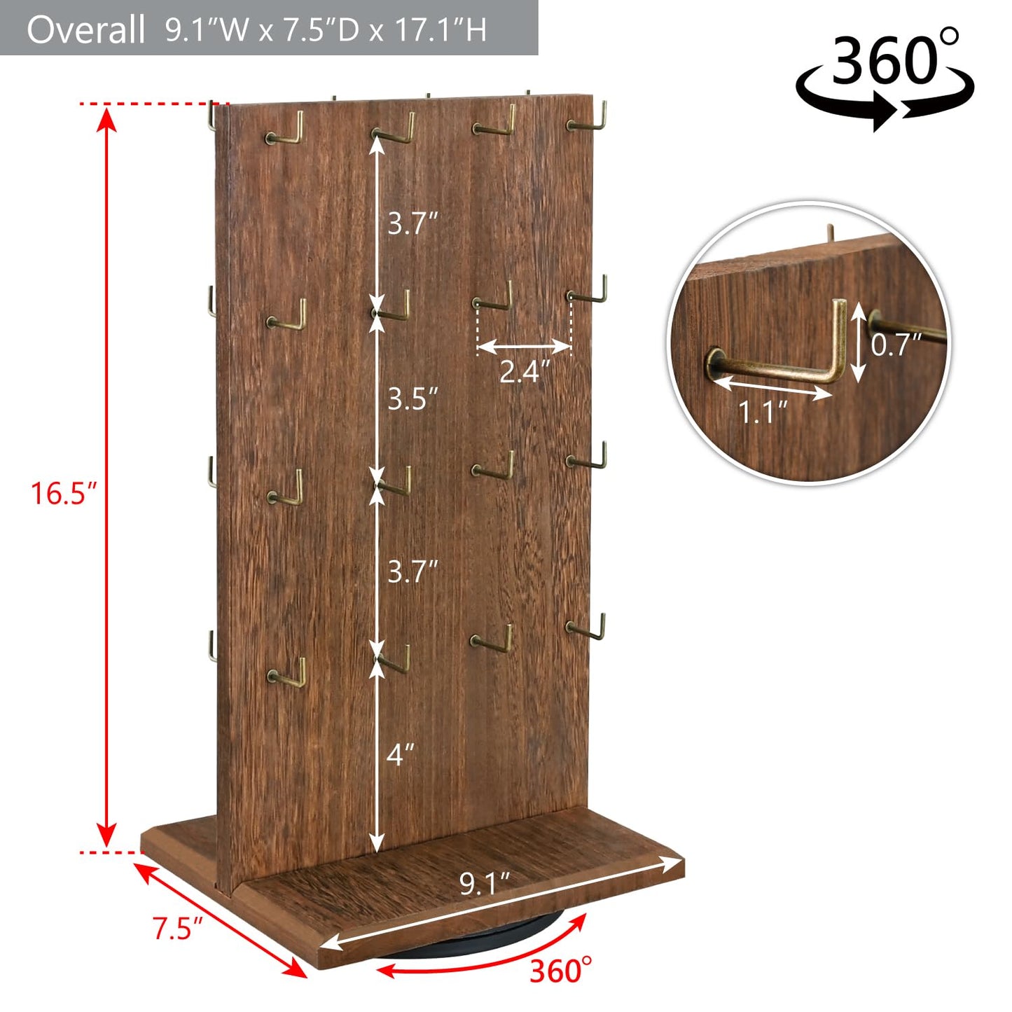 MOOCA Wooden Rotating Two-Sided Jewelry Display Stand, Rotating Organizer with 32 Long Hooks for Store, Keychain Earring Display, Brown color, 9.1W x 7.5 D x 17.1 H in