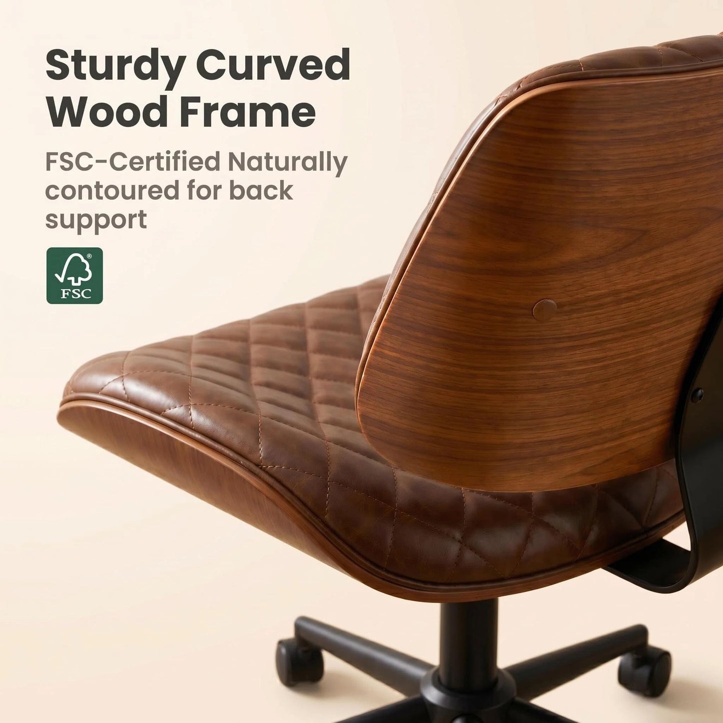 Furnimart Armless Small Desk Chair with Wheels, 360° Swivel Faux Leather Vanity Chair for Bedroom, Compact Home Office Task Chair for Small Spaces, Heavy-Duty Wood Frame(PU Brown)