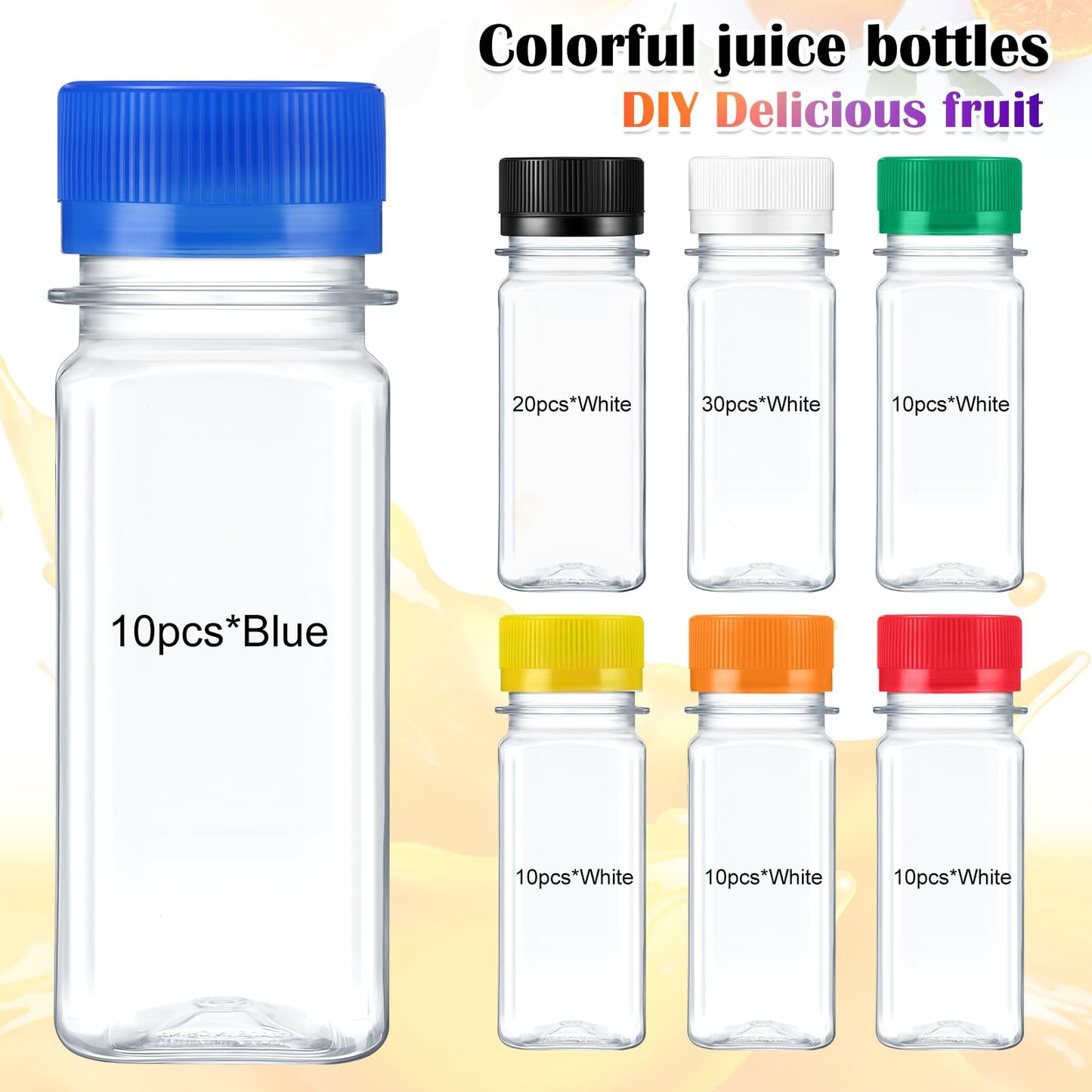 Roshtia 100 Pcs 2oz Small Clear Plastic Juice Bottles with Lid for Liquids Reusable Ginger Shots Bottle Vial Beverage Container Leak Proof Mini Jars for Juice, Milk, Water (Mixed Color)