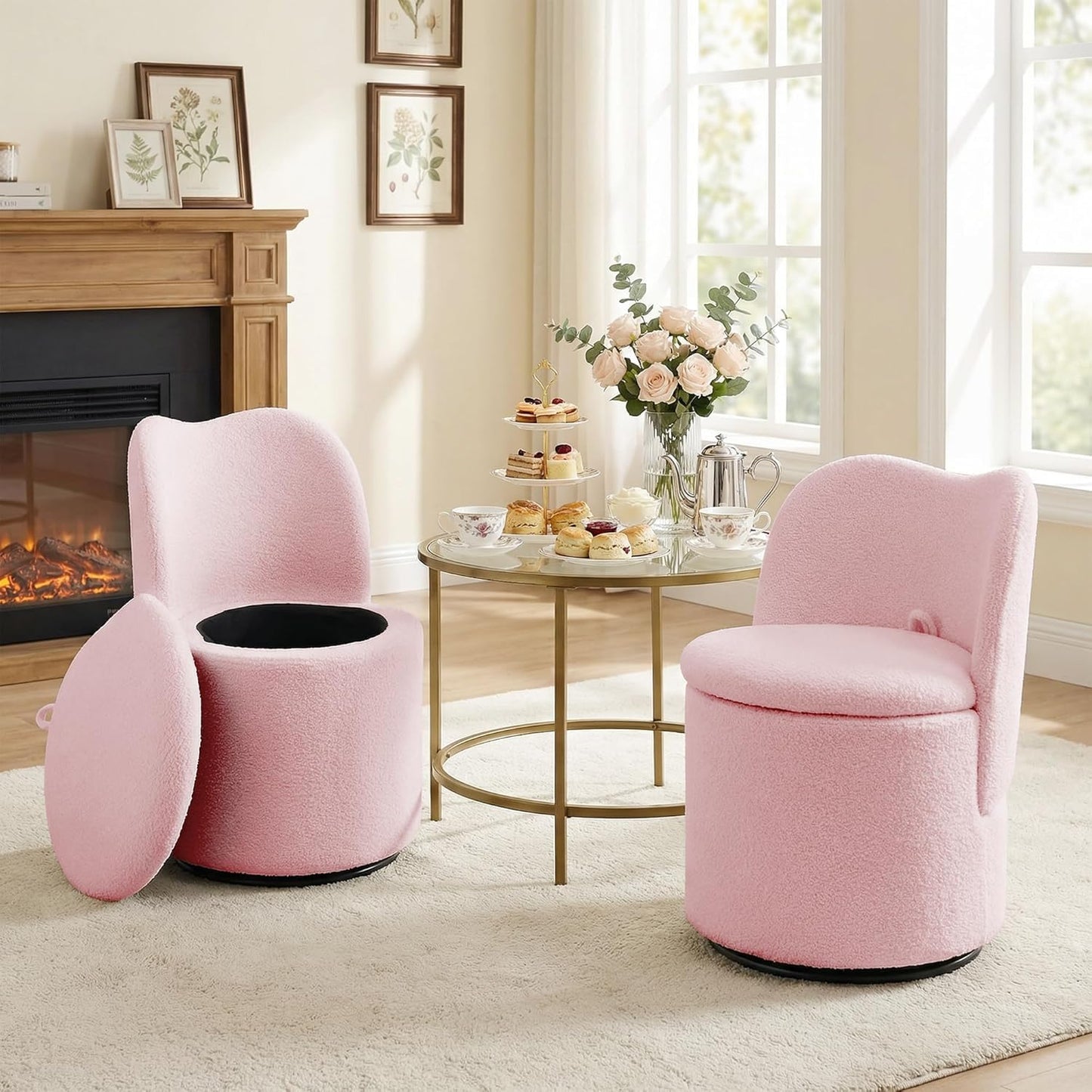 MilleLoom 360°Swivel Vanity Chair Dining Chairs with Storage,Upholstered Makeup Stool with Back, Sherpa Dining Chair, Swivel Accent Chair Barrel Armchair for Living Room Bedroom,Pink