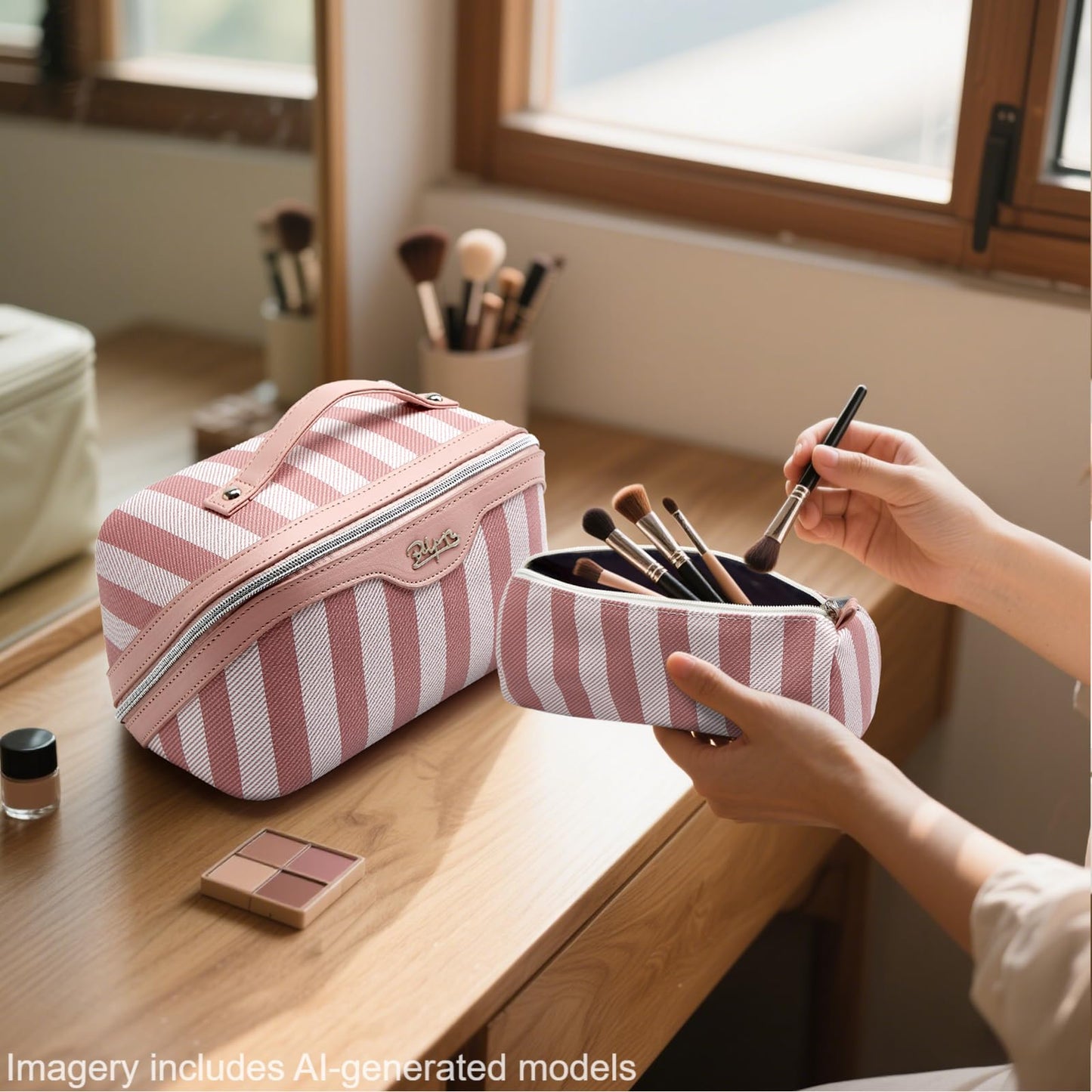 BOYATU Travel Makeup Bag Cosmetic Bag for Women: 3 Pcs Set Striped Make up Bag with Compartments - Waterproof Vegan Leather Toiletry Bags with Handle - Makeup Organizer for Travel Essentials(A-3-Pink)