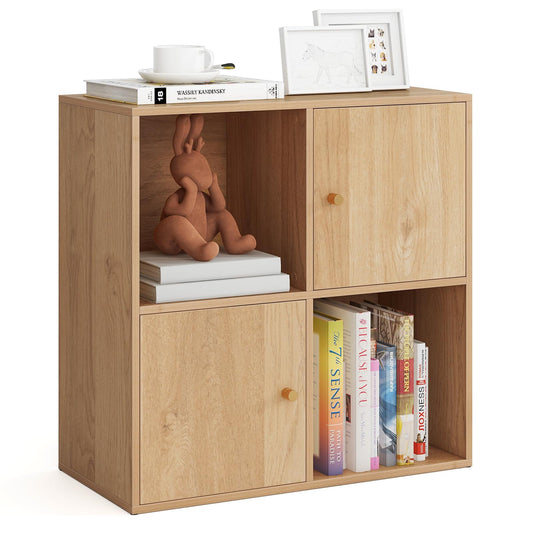 Giantex 4 Cube Bookcase, 2-Tier Freestanding Book Shelf with Open Compartments, Enclosed Cubes, Display Storage Cabinet for CDs/Movies/Books, Cubby Storage Organizer for Study Living Room, Natural