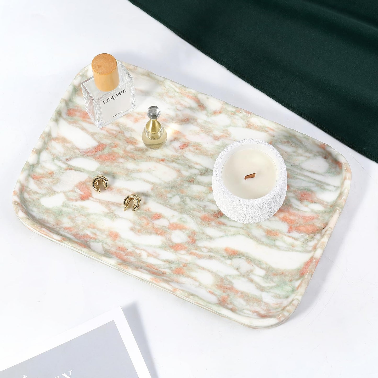 Koville Marble Tray, 12"x8" Marble Vanity Tray for Countertop Bathroom Kitchen Dresser, Decorative Catchall Trays for Perfume Jewelry, Rectangular Stone Serving Tray(Rosso Norvegian)