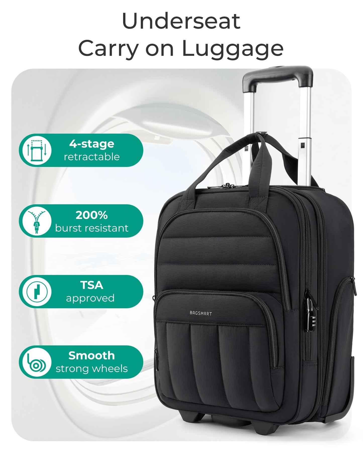 BAGSMART Small Underseat Carry on Luggage with Wheels, 16 inch Small Under Seat Luggage, Lightweight Travel Suitcase for Women, Classic