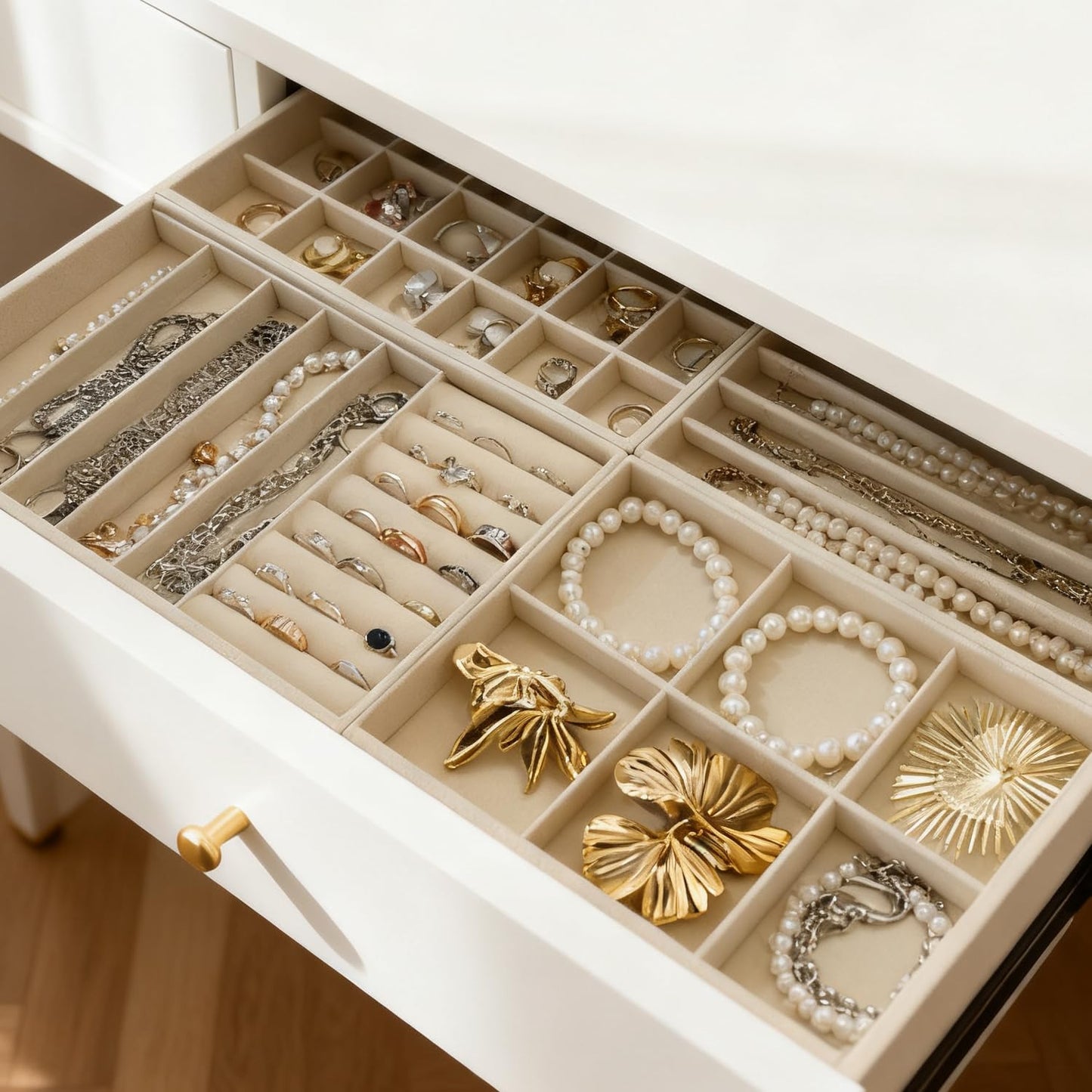 KATISYIO Stackable Jewelry Trays Organizer for Drawer Set of 4 – Velvet Drawer Inserts Organizer Jewelry Organizers and Display Set for Earrings, Rings, Necklaces, Bracelets (Beige)