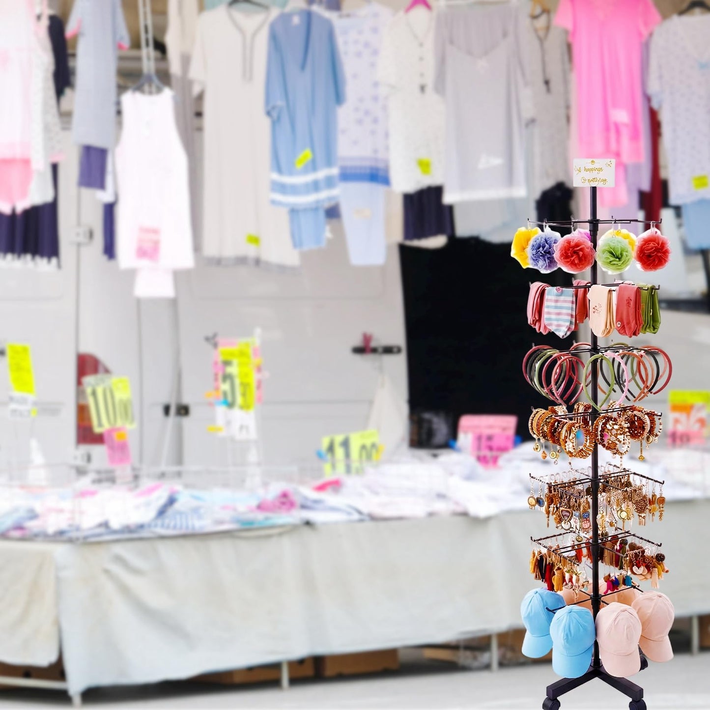 Ripeng 1 Pcs 7-Tier Rotating Display Stand with Wheels, Adjustable Spinning Display Rack for Jewelry Earrings Keychains Craft Shows Vendor Events, Black