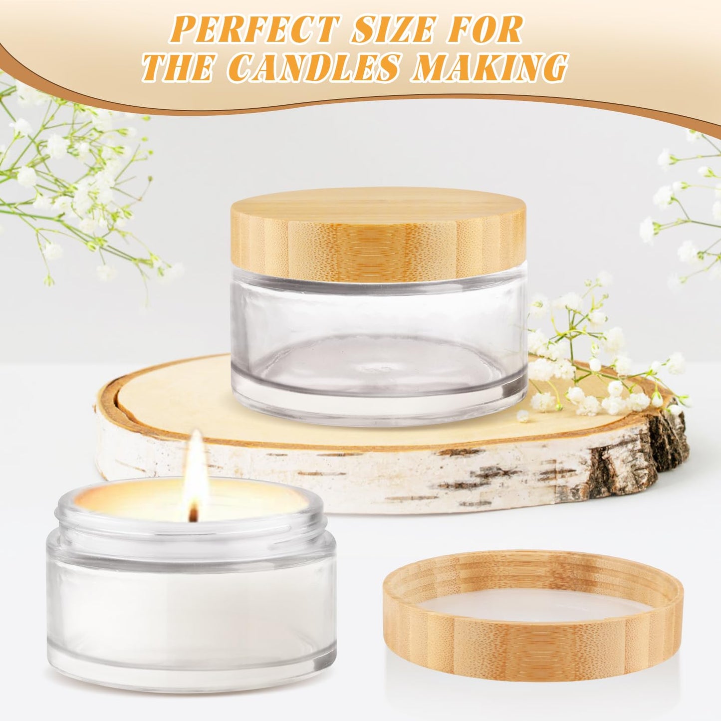 4 Pack 200ml/6.8 oz Glass Jars,Refillable Round Wide-mouth Jars Pot with Bamboo Lids,Empty Cosmetic Storage Containers for Lotion,Spice,Powder,Body Butter,Moisturiser,Cream,Candle Making (Clear)