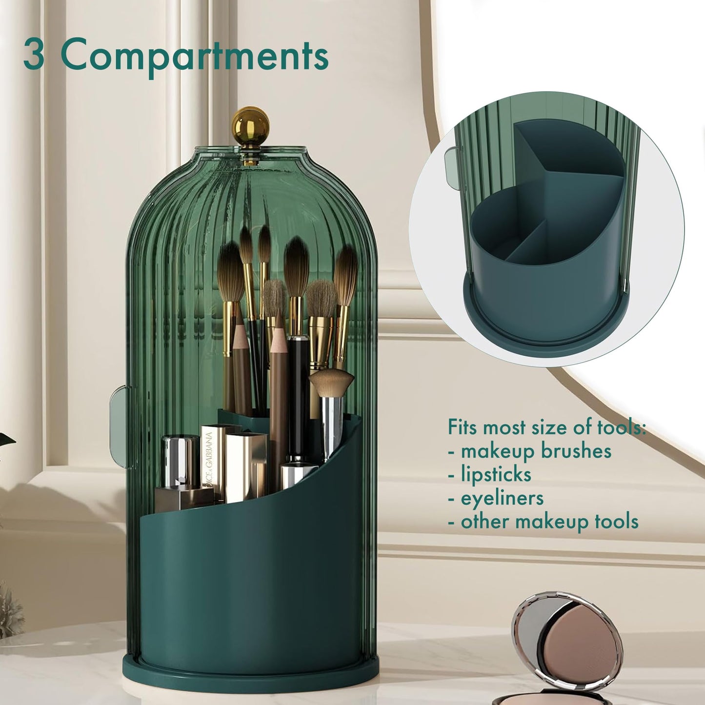 ZHUSSZHU Makeup Brush Holder with Lid Cosmetic Tools Organizer 360 Rotating Waterproof Dustproof Beauty Brushes Storage for Vanity, White Malachite green