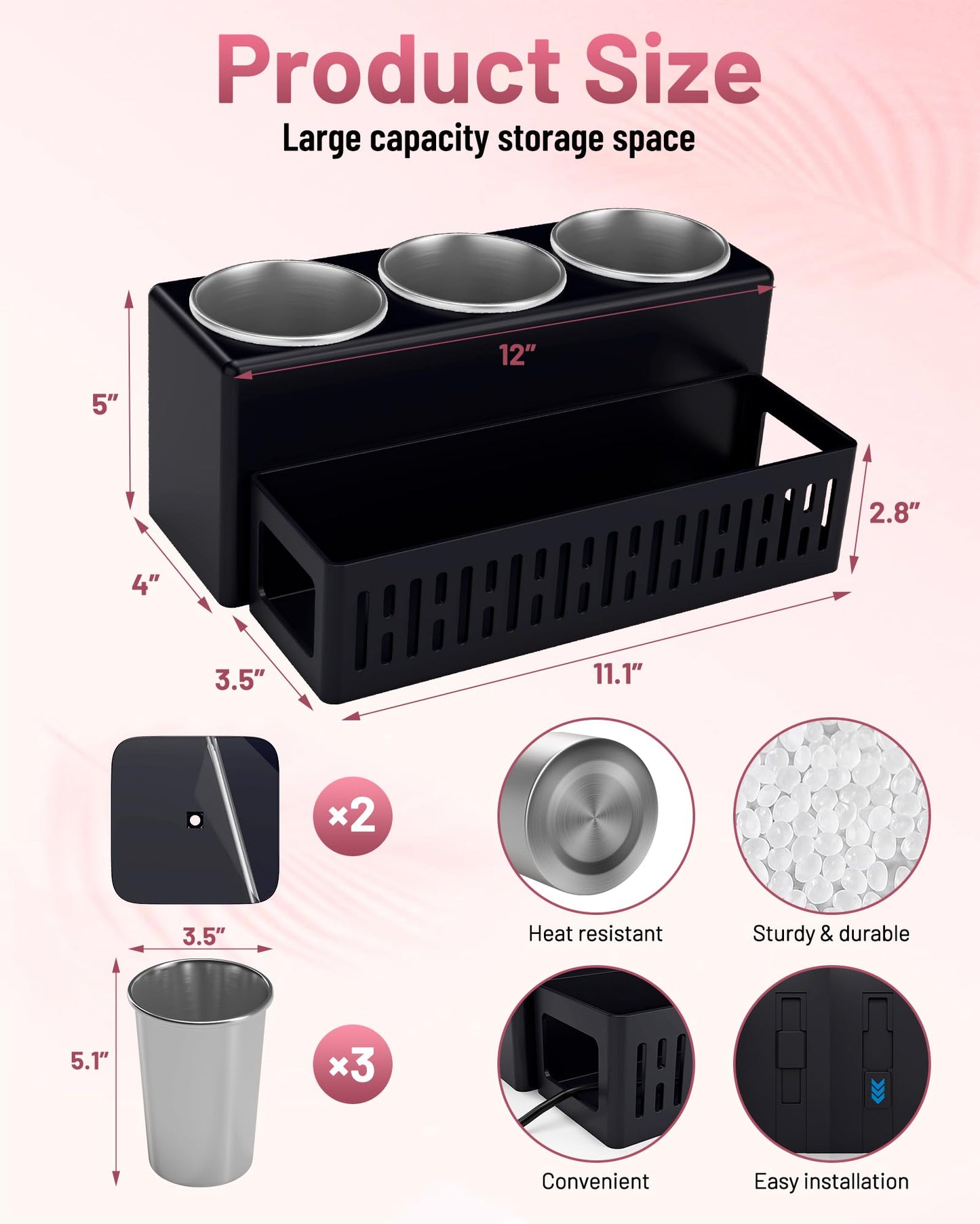 LATTYSY Hair Tool Organizer, Detachable Hair Dryer Holder with 3 Stainless Steel Cups, Wall Mounted Bathroom Organizers and Storage for Accessories, Curling Irons, Straighteners, Toiletries, Makeup