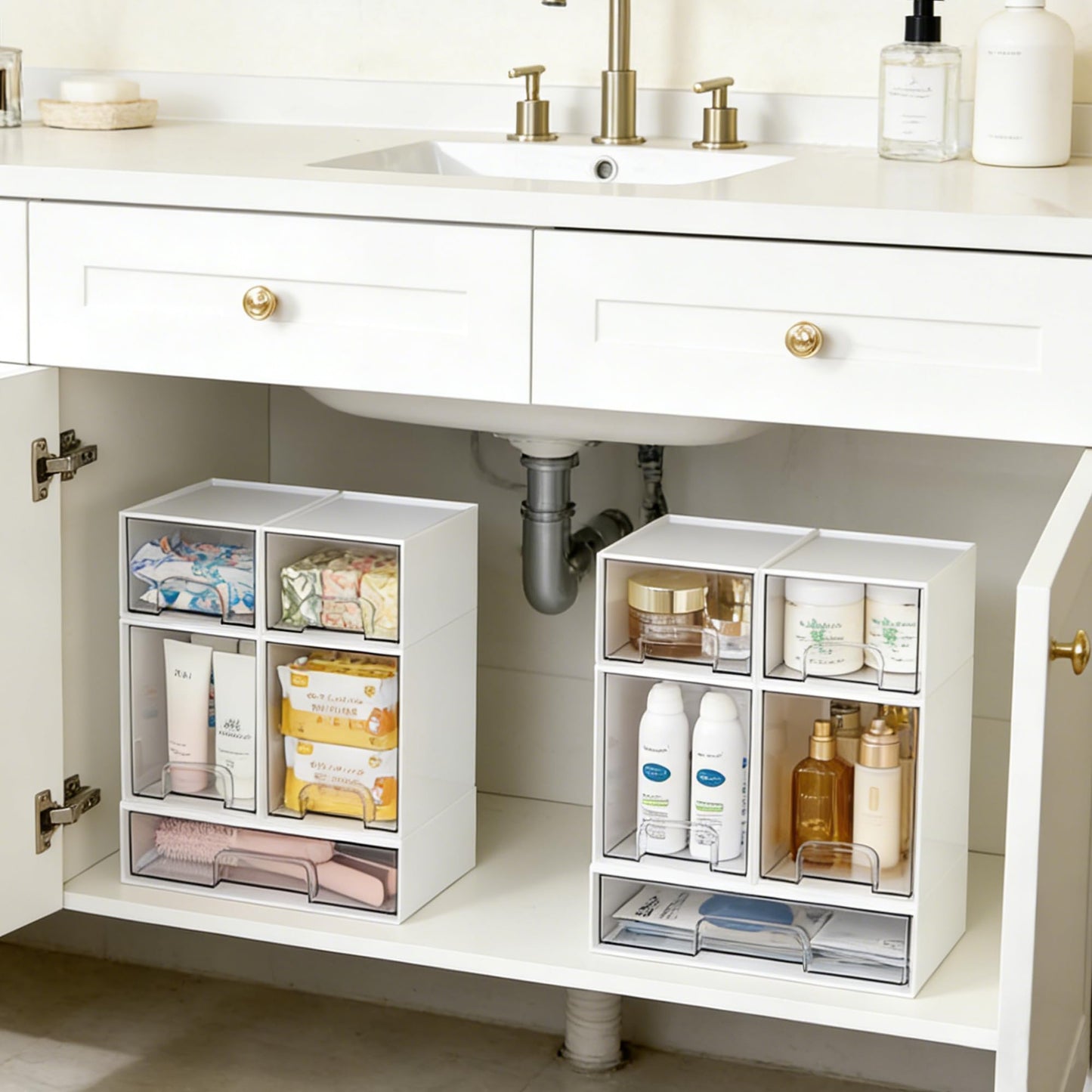 Vtopmart Stackable Storage Drawers Set of 5, Plastic Organizer Bins for Baby Bottle, Beauty Supplies Storage, Ideal for Kichen Countertop, Vanity, Bathroom, Cabinet, Pantry Organization,White