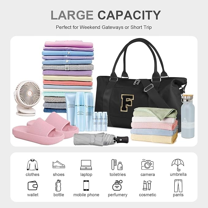 Dance Gym Duffel Bag for Teen Girls, Personalized Initial Travel Weekender Bag,Cute Overnight Carry On Duffle for Women,Sports Travel Cheer Bag,Monogram Christmas Gifts for Tween Preppy(black-F)