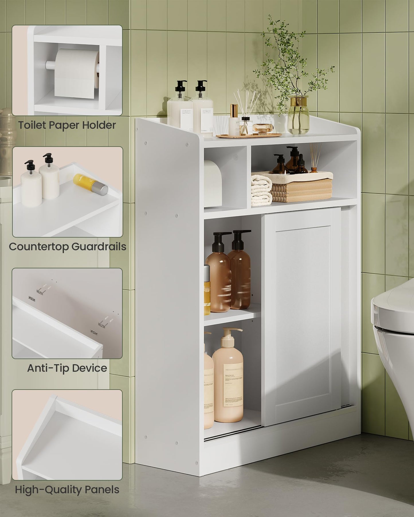 CHOEZON Slim Bathroom Storage Cabinet, Bathroom Floor Cabinet, Storage Organizer with Toilet Paper Holder, Sliding Doors and Adjustable Shelf, for Small Spaces, Bathroom, Living Room, Kitchen, White