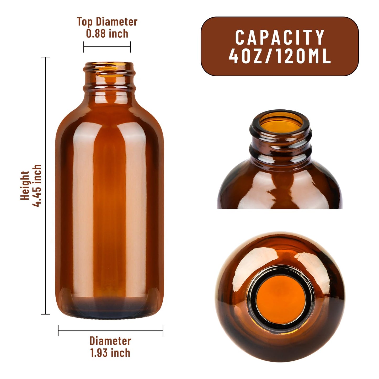 PINIWON 36 Pack 4 oz Amber Glass Bottles, 120ml Boston Round Sample Bottles with Black Poly Cone Caps, Labels, Funnels and Brush