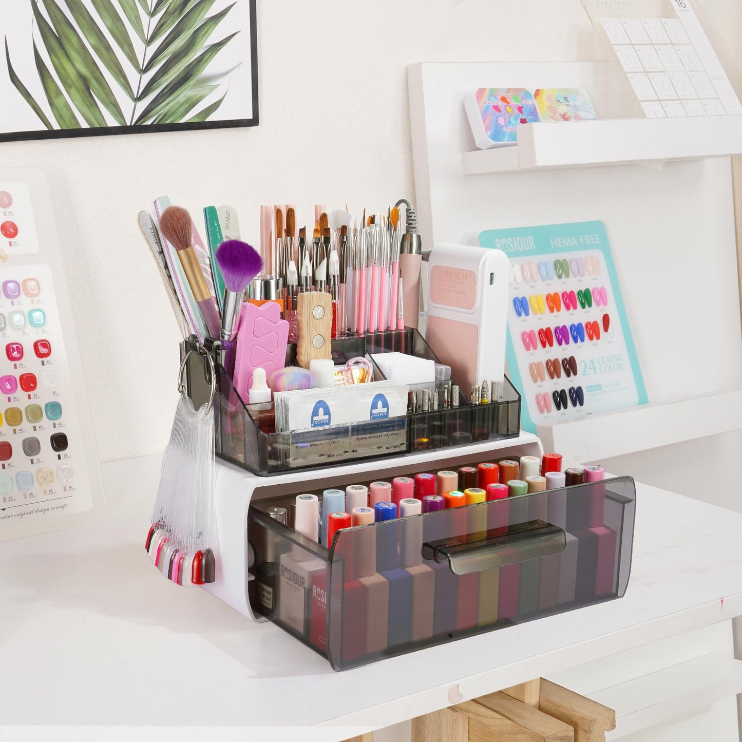 Wilfniee Nail Tech Desk Organizer Case: 2 Layers Nail Tech Organizers with Nail Polish Storage Drawer- 53 Holes Nail Drill Bits & Nail Brushes Pens Holder for Manicure Nail Supplies (Grey)