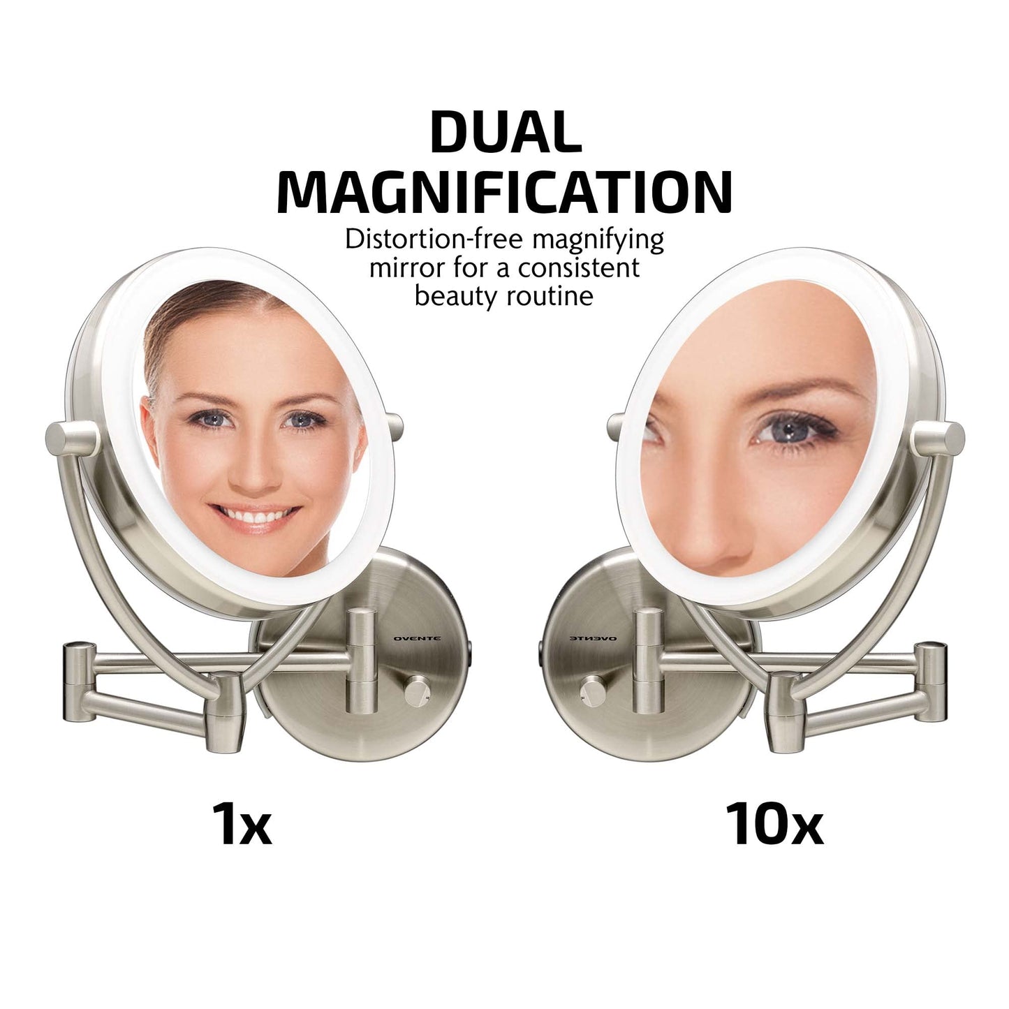 Ovente 7.5" Lighted Wall Mount Makeup Mirror, 1X & 10X Magnifier, Spinning Double Sided Round LED w/ Dimmer Switch, Extend, Retractable & Folding Arm, Battery USB Powered Nickel Brushed MLW75BR1X10X