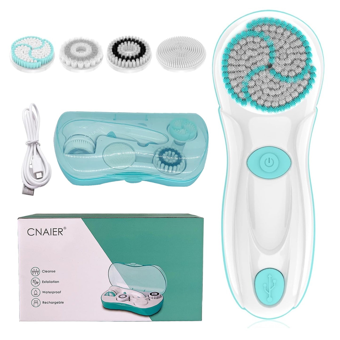 Facial Cleansing Brush, Electric Face Scrubber with 4 Cleanser Heads and 2 Speeds Adjustable for Deep Cleaning, Portable Rechargeable and Waterproof Face Wash Brush for Women & Men (Green)