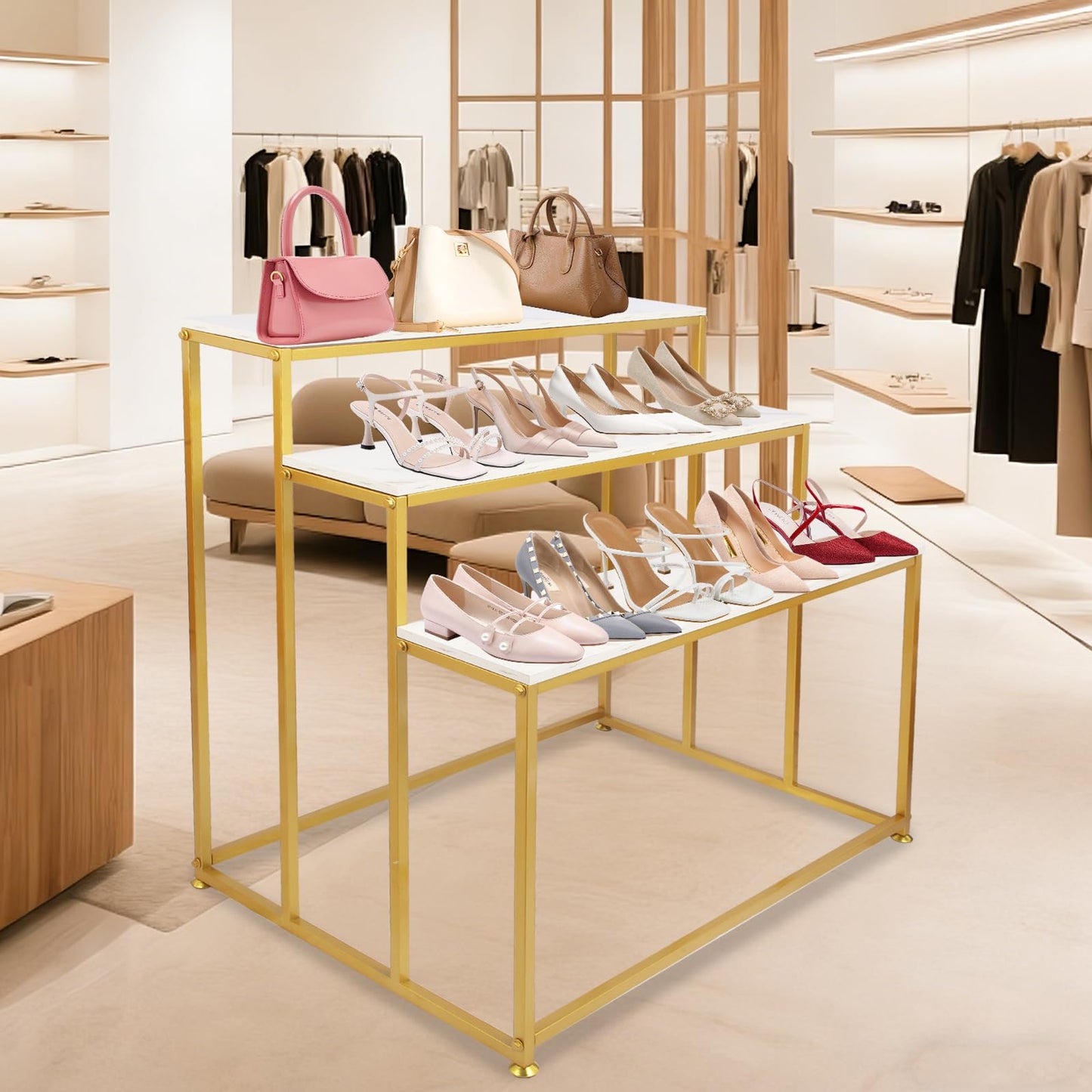 CIVANA 3-Tier Gold Display Table & Shoe Rack - Heavy Duty Store Fixture for Home Entryway, Boutique, Retail Display Shoe & Handbag Display Stand