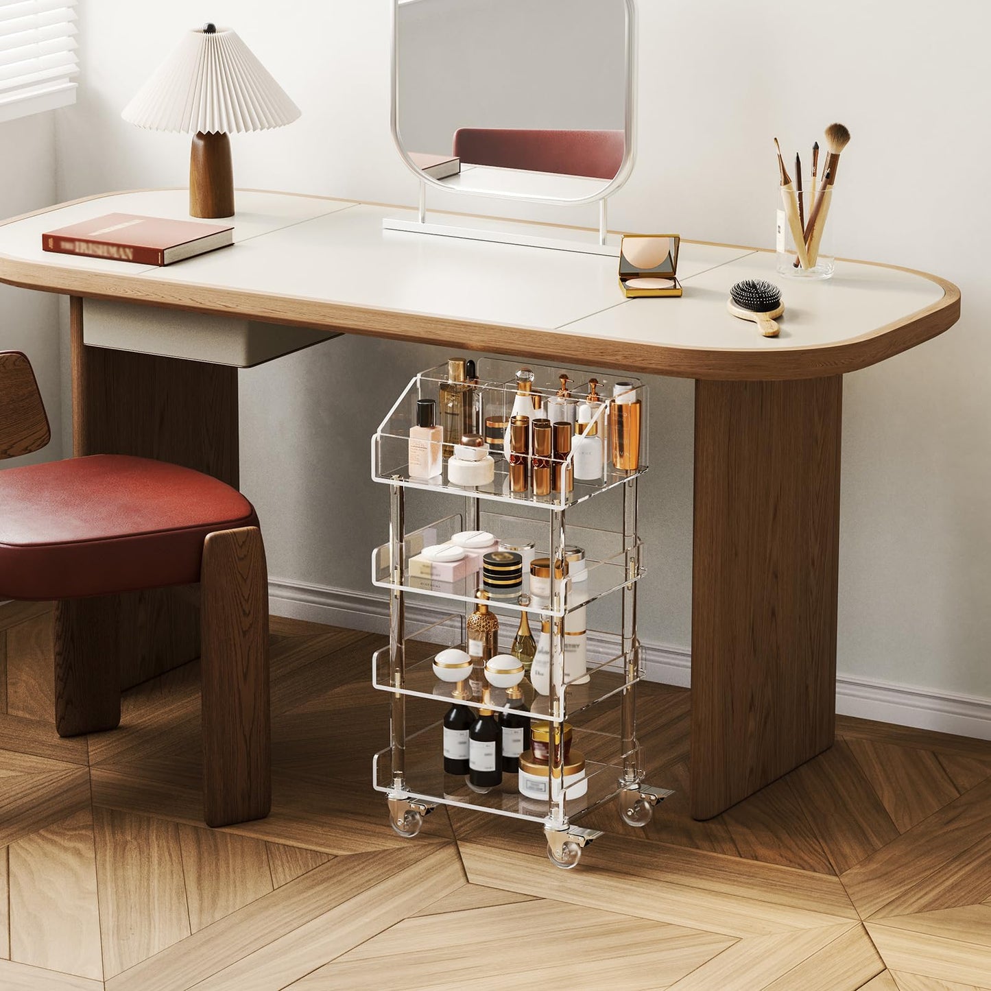 Aquiver Acrylic 4 Tier Makeup Organizer Cart - Small Rolling Vanity Cart