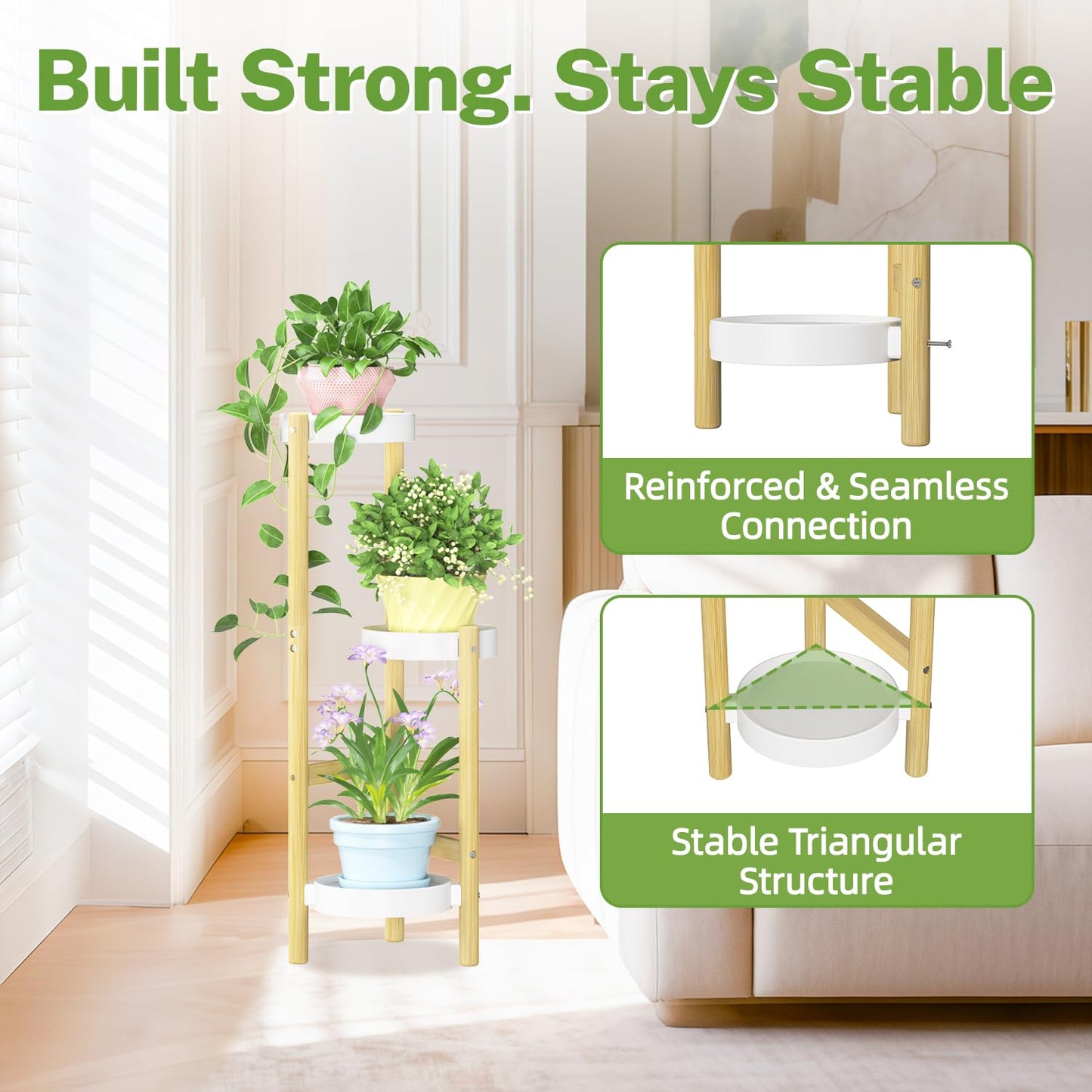 iDavosic.ly 3 Tier Bamboo Plant Stand Indoor Outdoor with Plastic Tray, Tiered Corner Flower Holder Shelf, Space Saving Orchid Display Rack for Patio Porch Living Room Garden Balcony, Natural White