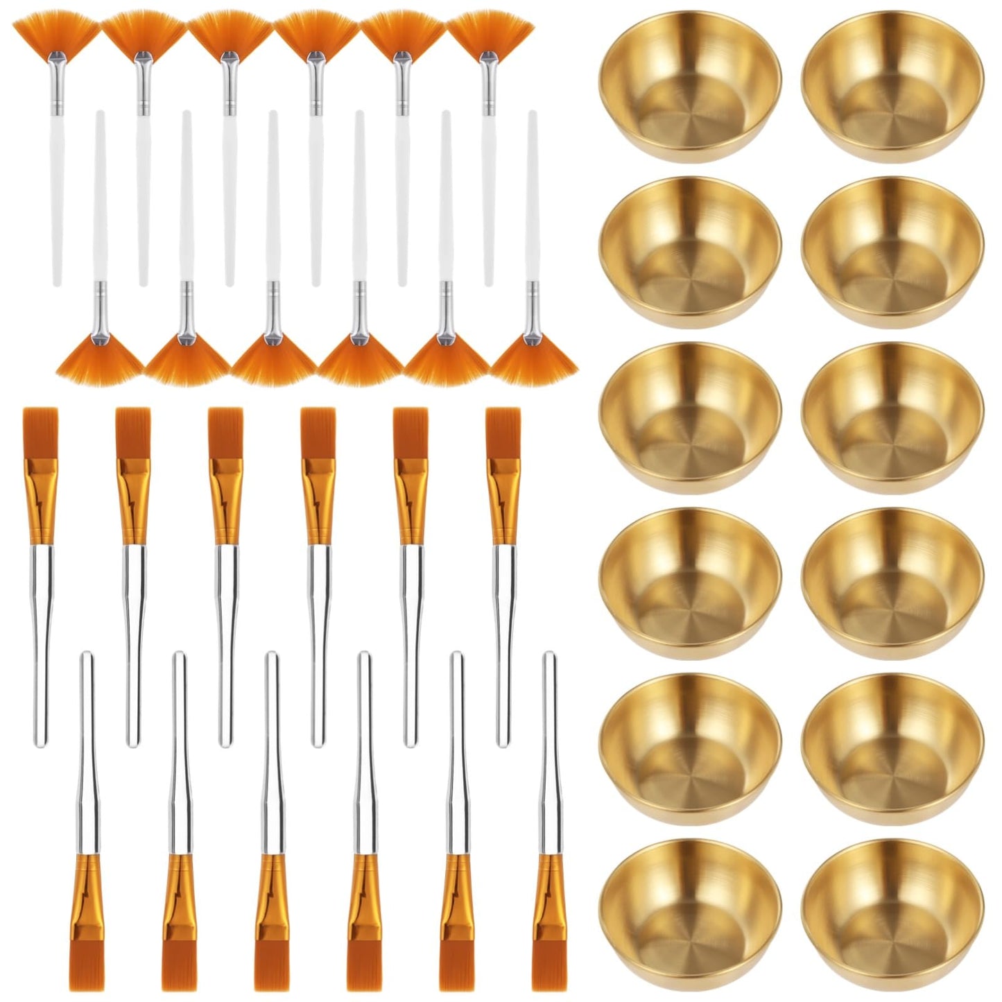 36 Pcs Esthetician Supplies for Facials Set, 12 Golden Stainless Steel Mixing Bowls, 12 Fan & 12 Detail Brushes, Facial Masks Brushes for Even Masks Application, Women Clay Masks Mixing Tools Kit