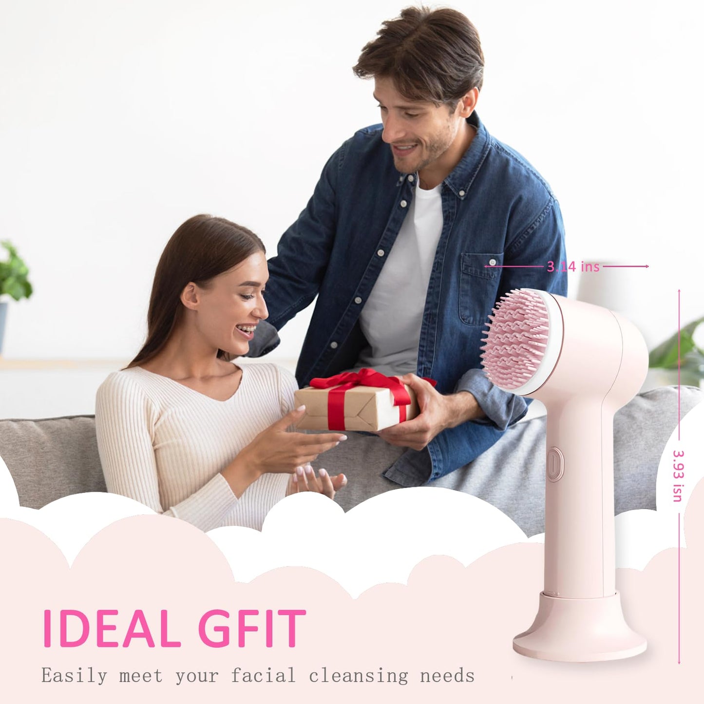 Electrical Facial Cleansing Brush, Multi-Function Face Wash Brush with Base and 2 Brush Heads, Portable Face Scrubber for Deep Skin Cleaning and Gentle Exfoliating (Pink)